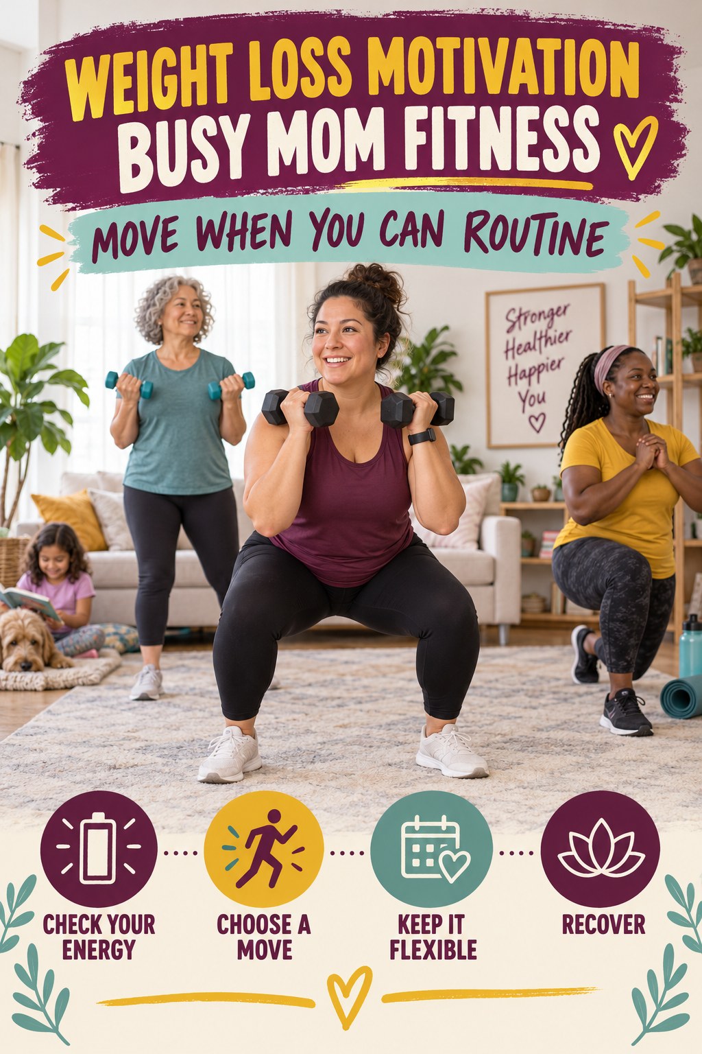 Weight Loss Motivation busy-mom fitness graphic titled Move When You Can Routine with four practical movement prompts.