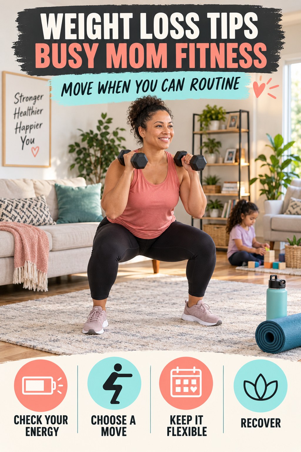 Weight Loss Tips busy-mom fitness graphic titled Move When You Can Routine with four practical movement prompts.
