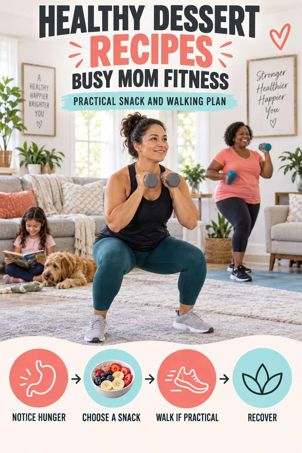 Healthy Dessert Recipes busy-mom fitness graphic titled Practical Snack and Walking Plan with four practical movement prompts.