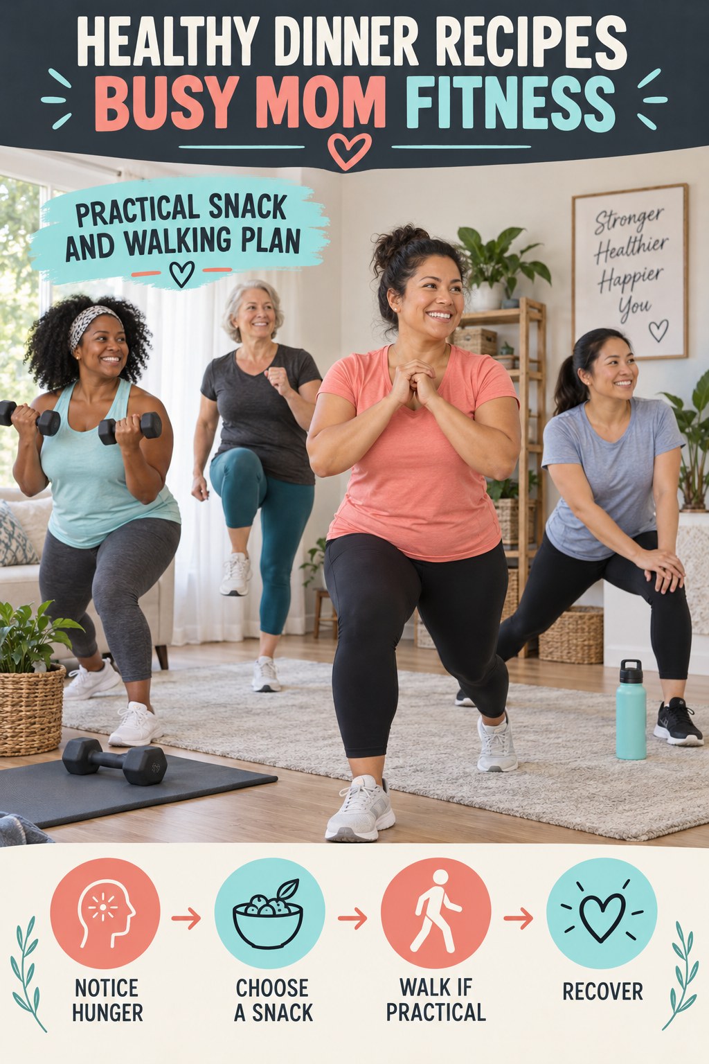 Healthy Dinner Recipes busy-mom fitness graphic titled Practical Snack and Walking Plan with four practical movement prompts.