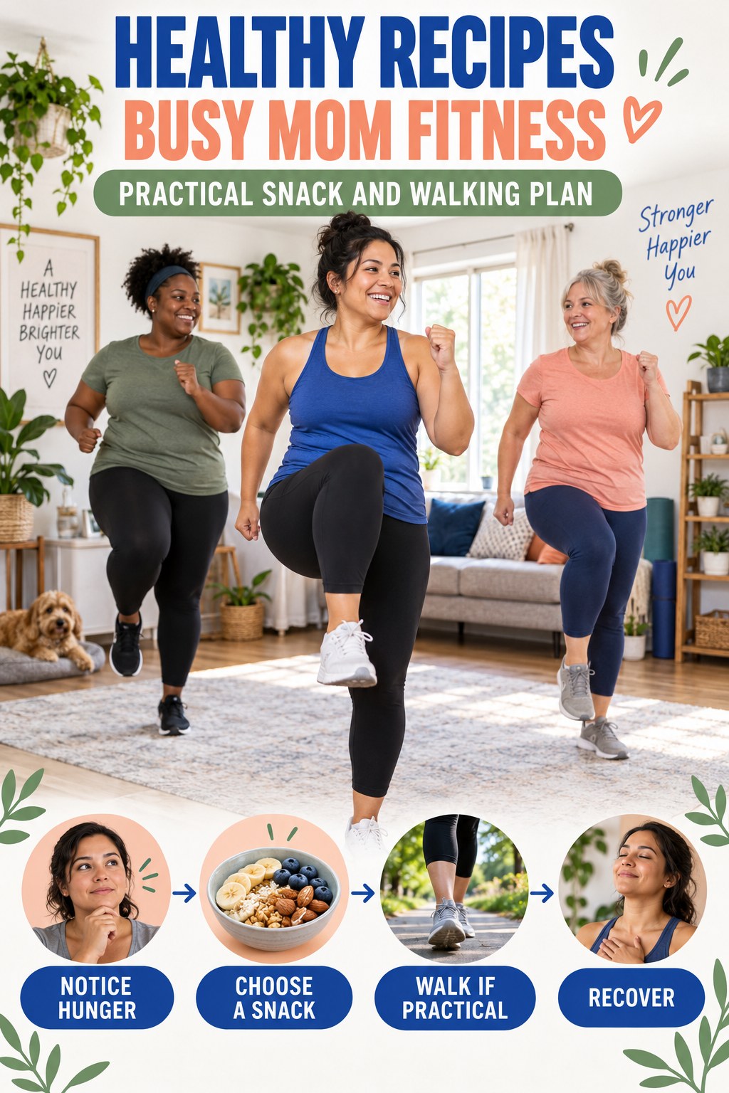 Healthy Recipes busy-mom fitness graphic titled Practical Snack and Walking Plan with four practical movement prompts.