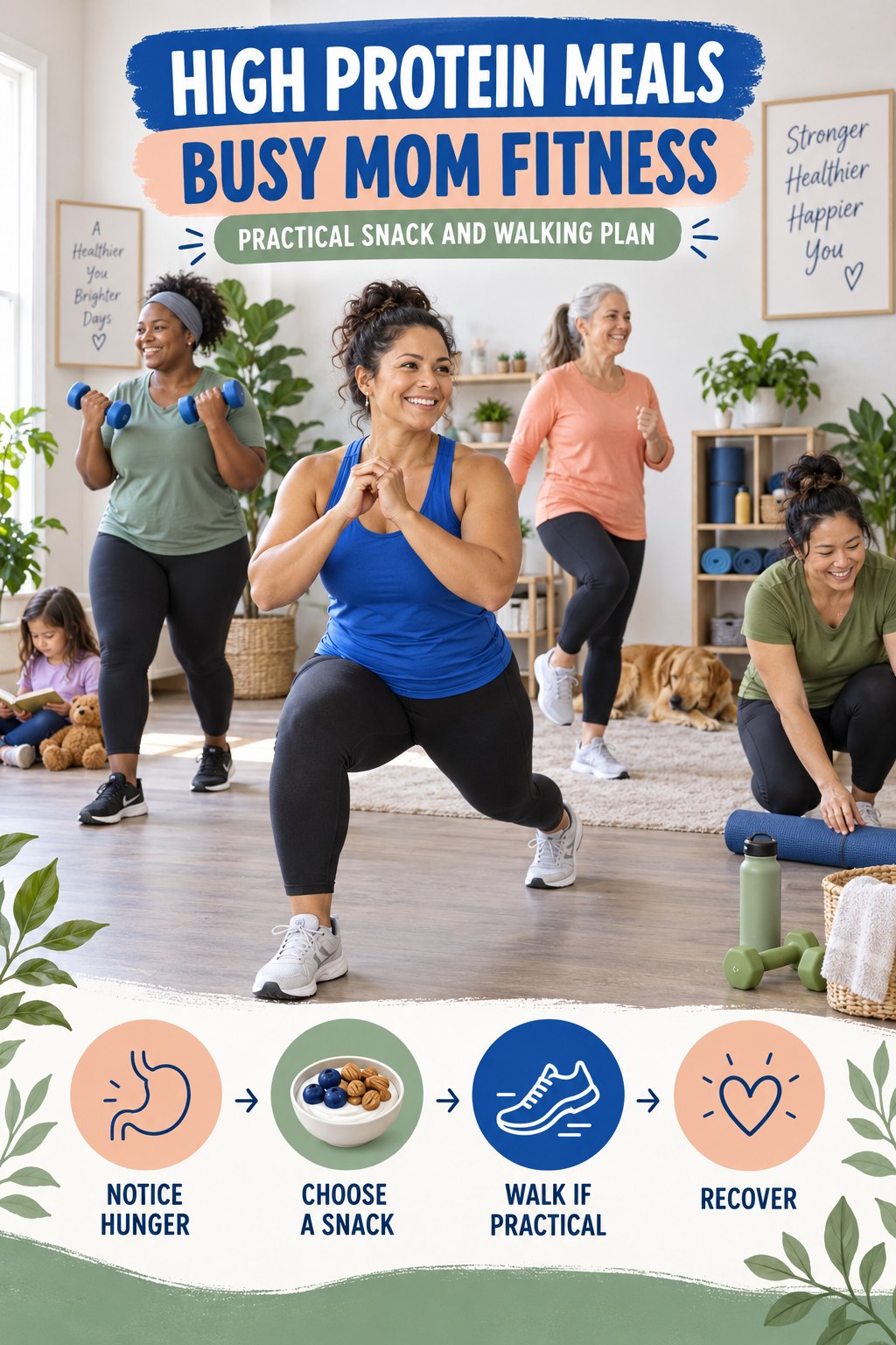 High Protein Meals busy-mom fitness graphic titled Practical Snack and Walking Plan with four practical movement prompts.