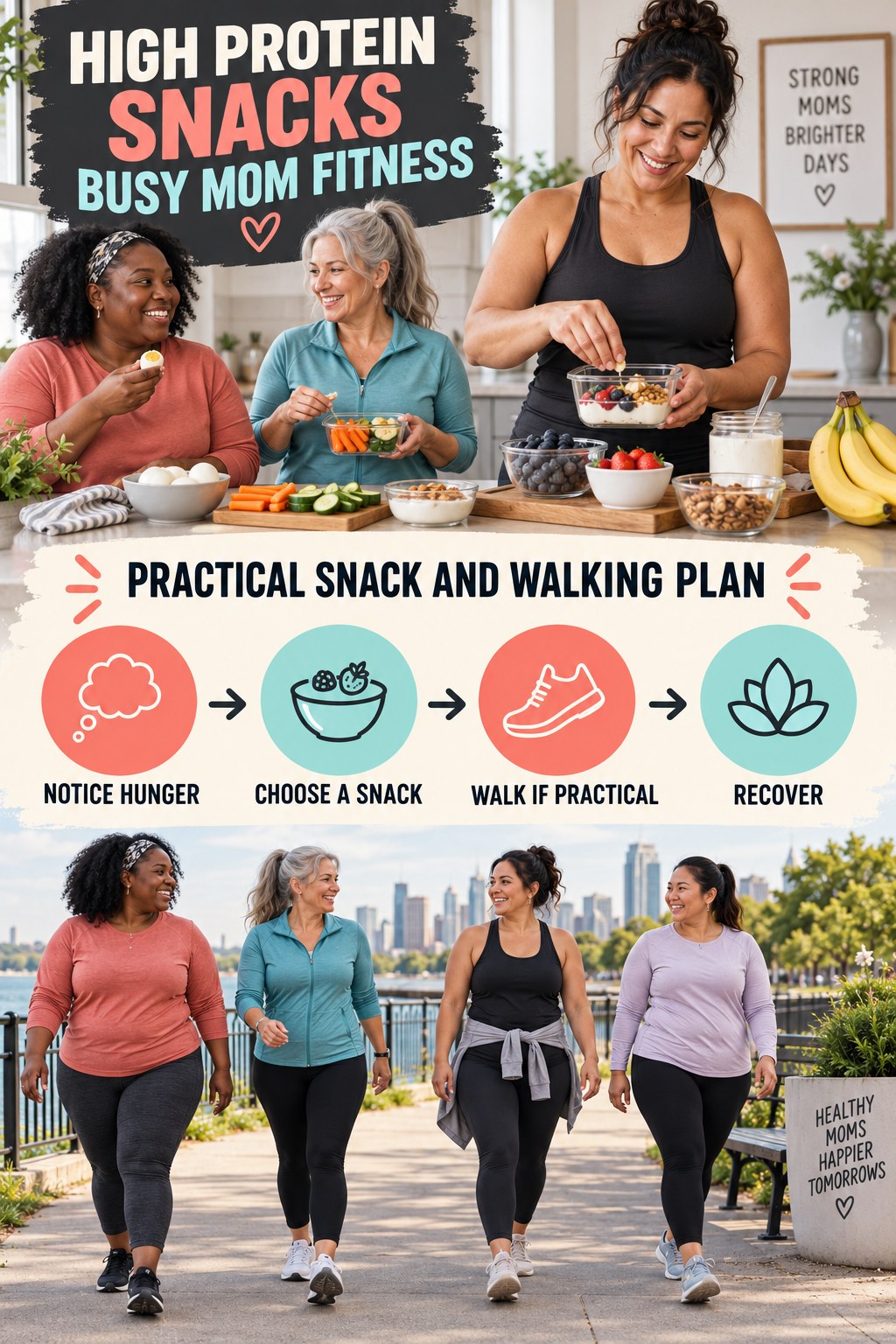 High Protein Snacks busy-mom fitness graphic titled Practical Snack and Walking Plan with four practical movement prompts.