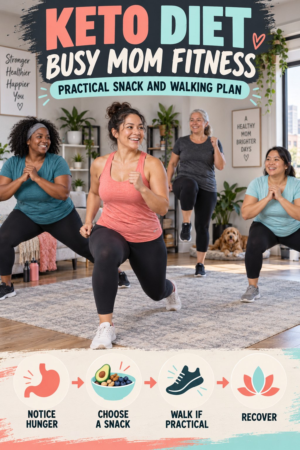 Keto Diet busy-mom fitness graphic titled Practical Snack and Walking Plan with four practical movement prompts.