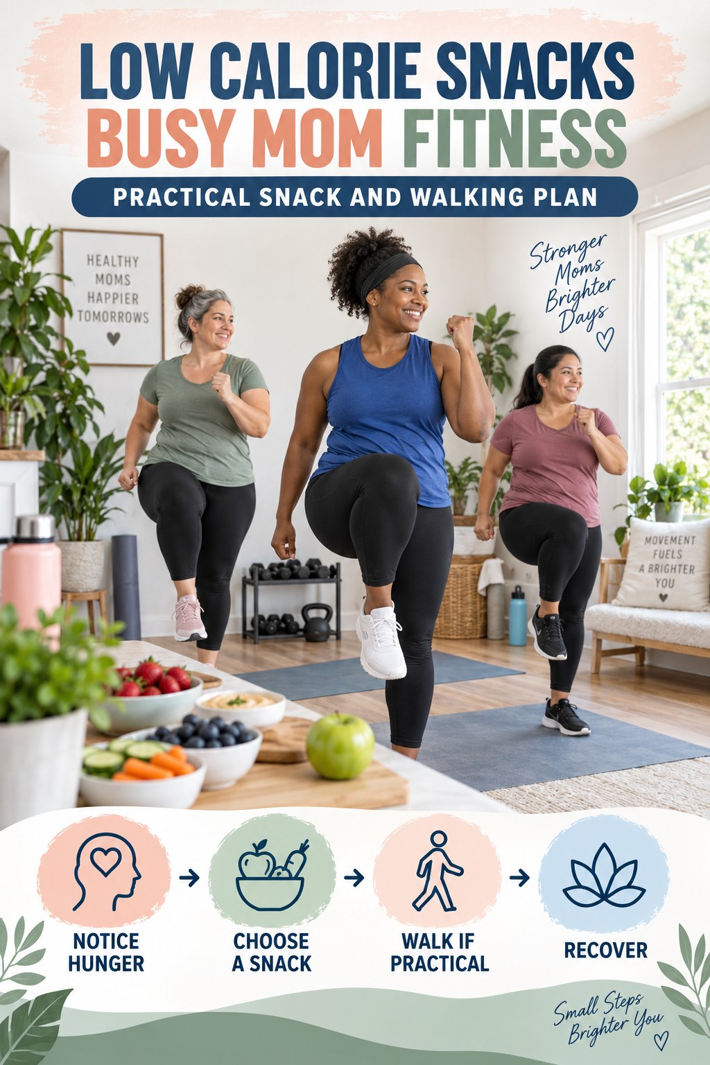 Low Calorie Snacks busy-mom fitness graphic titled Practical Snack and Walking Plan with four practical movement prompts.