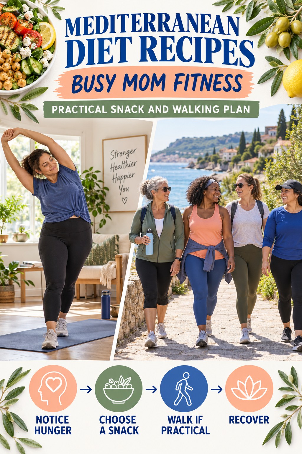 Mediterranean Diet Recipes busy-mom fitness graphic titled Practical Snack and Walking Plan with four practical movement prompts.