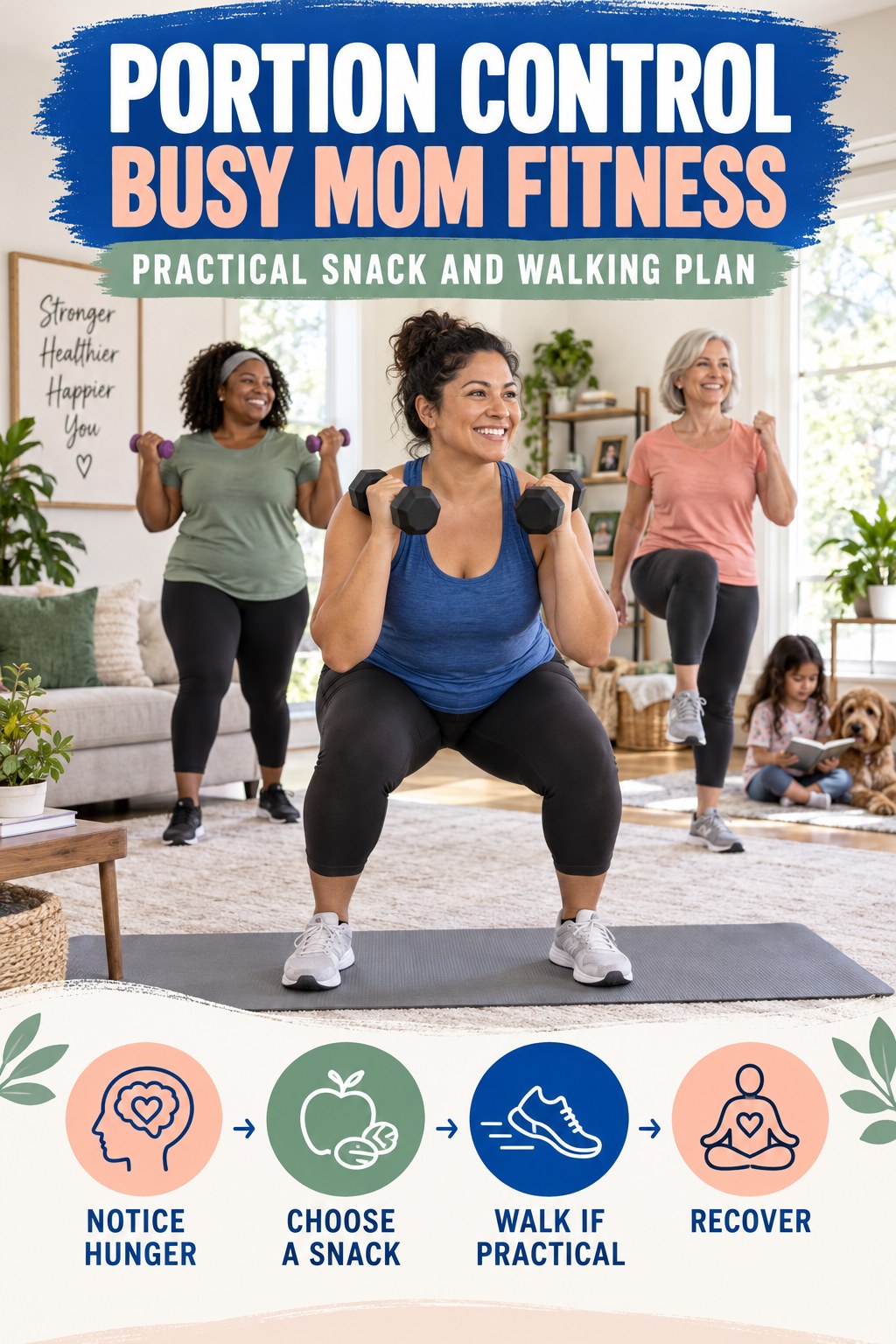 Portion Control busy-mom fitness graphic titled Practical Snack and Walking Plan with four practical movement prompts.