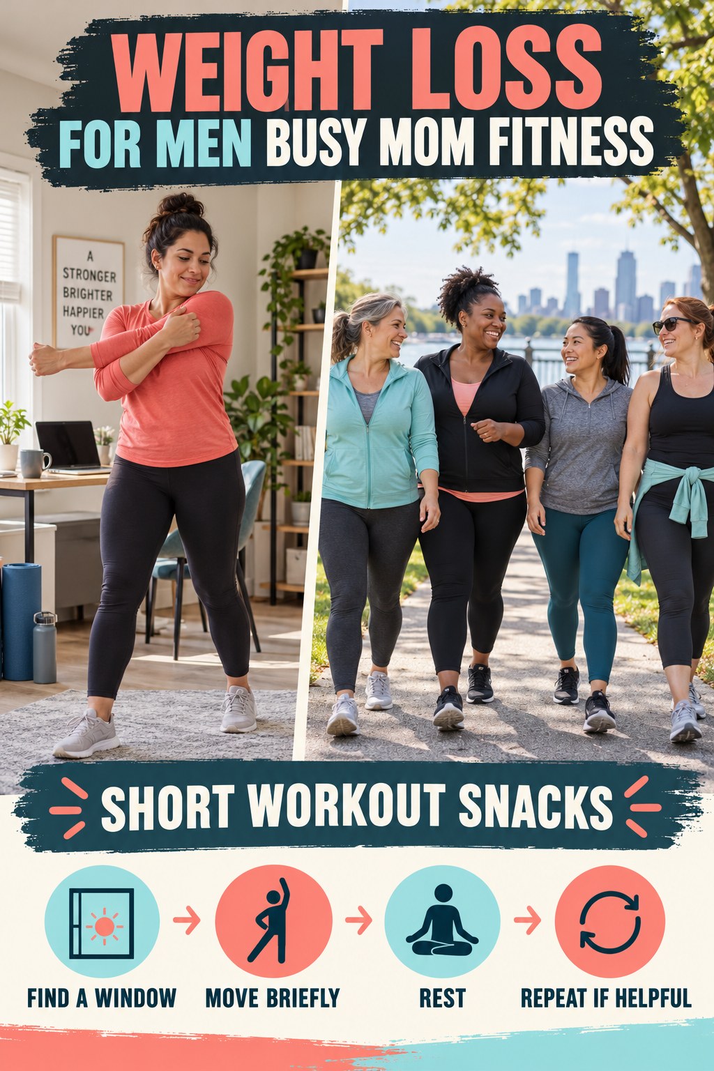 Weight Loss for Men busy-mom fitness graphic titled Short Workout Snacks with four practical movement prompts.