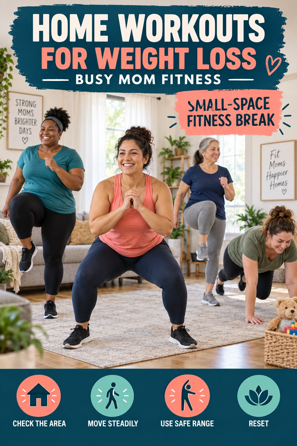 Home Workouts for Weight Loss busy-mom fitness graphic titled Small-Space Fitness Break with four practical movement prompts.