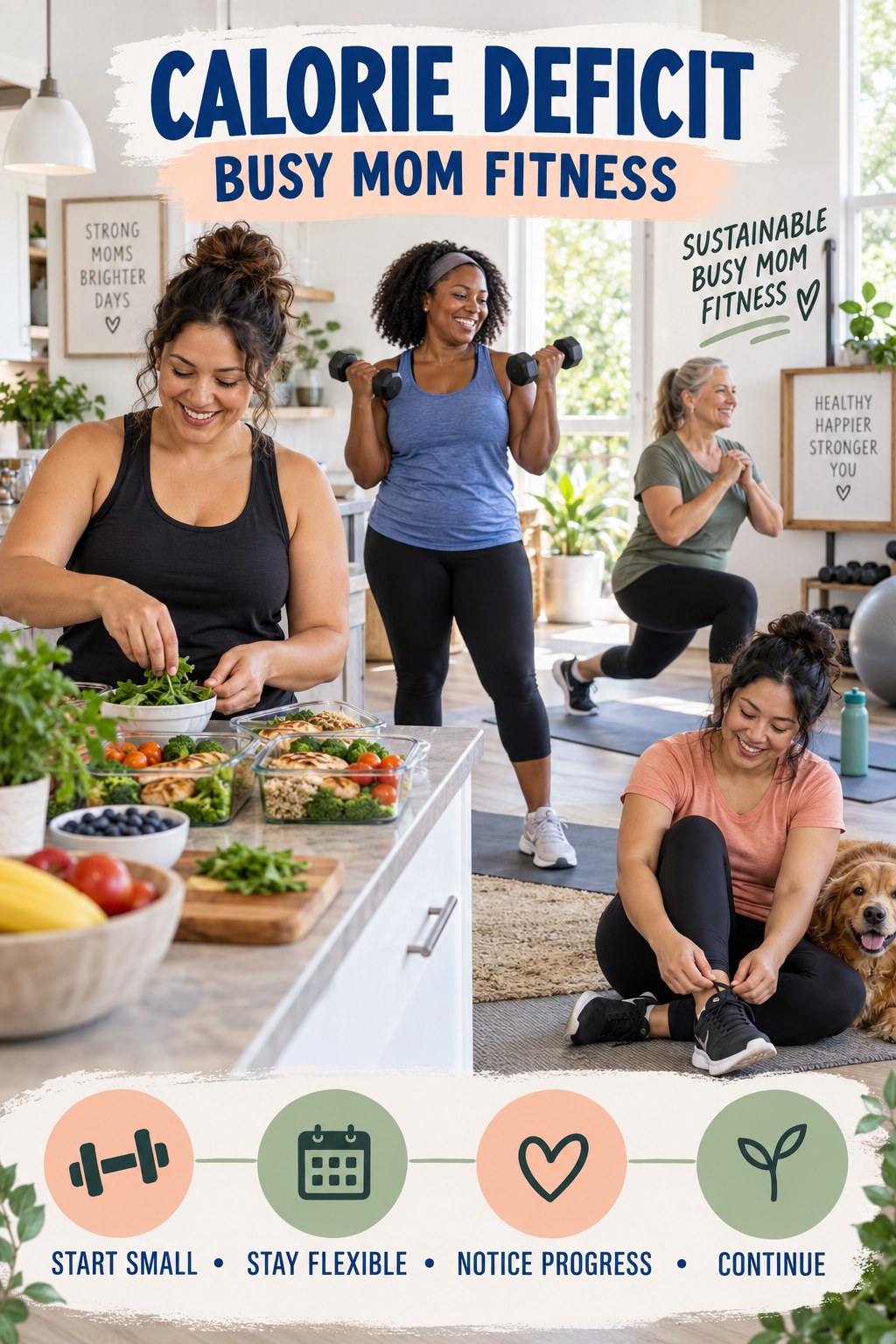 Calorie Deficit busy-mom fitness graphic titled Sustainable Busy Mom Fitness with four practical movement prompts.