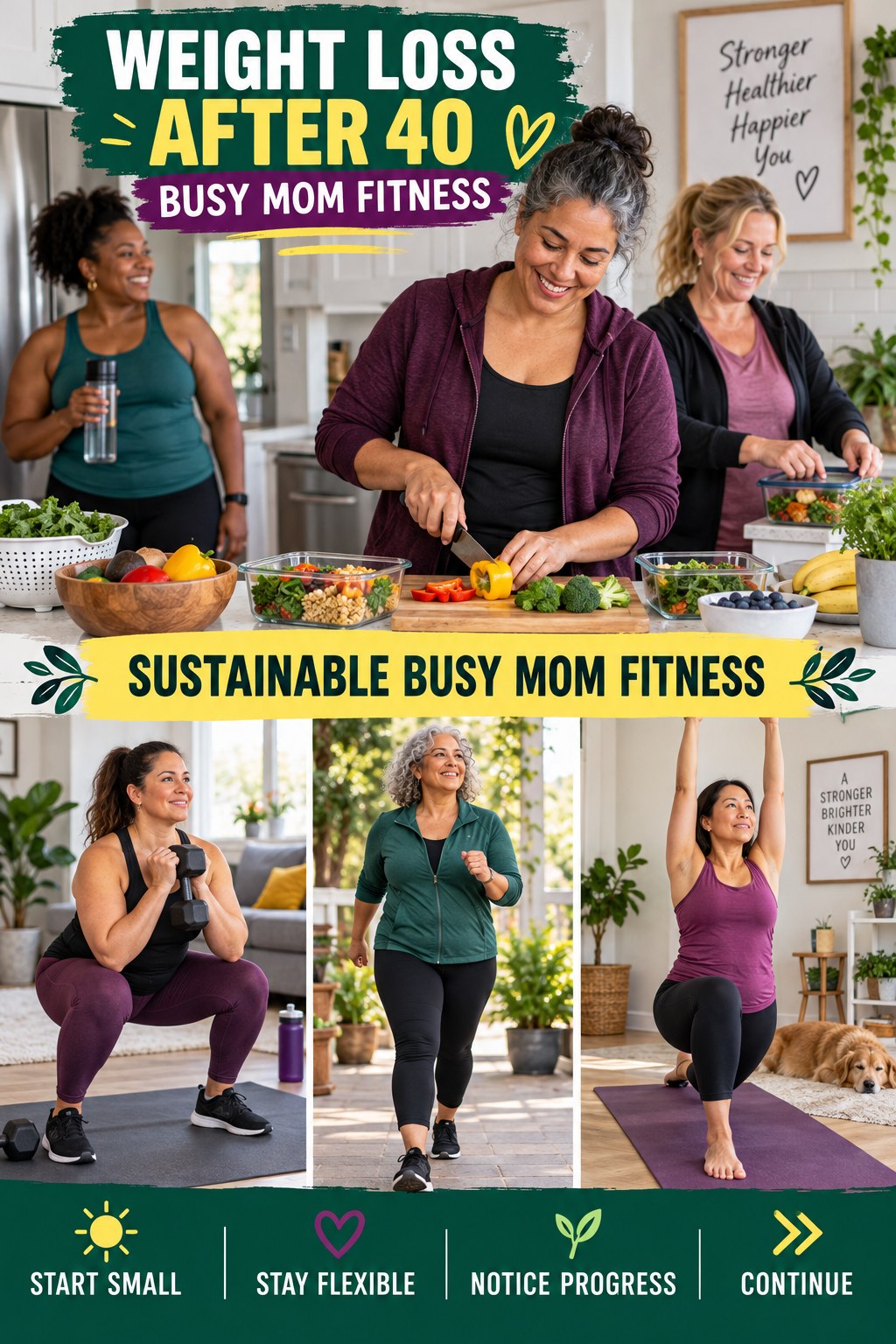Weight Loss After 40 busy-mom fitness graphic titled Sustainable Busy Mom Fitness with four practical movement prompts.