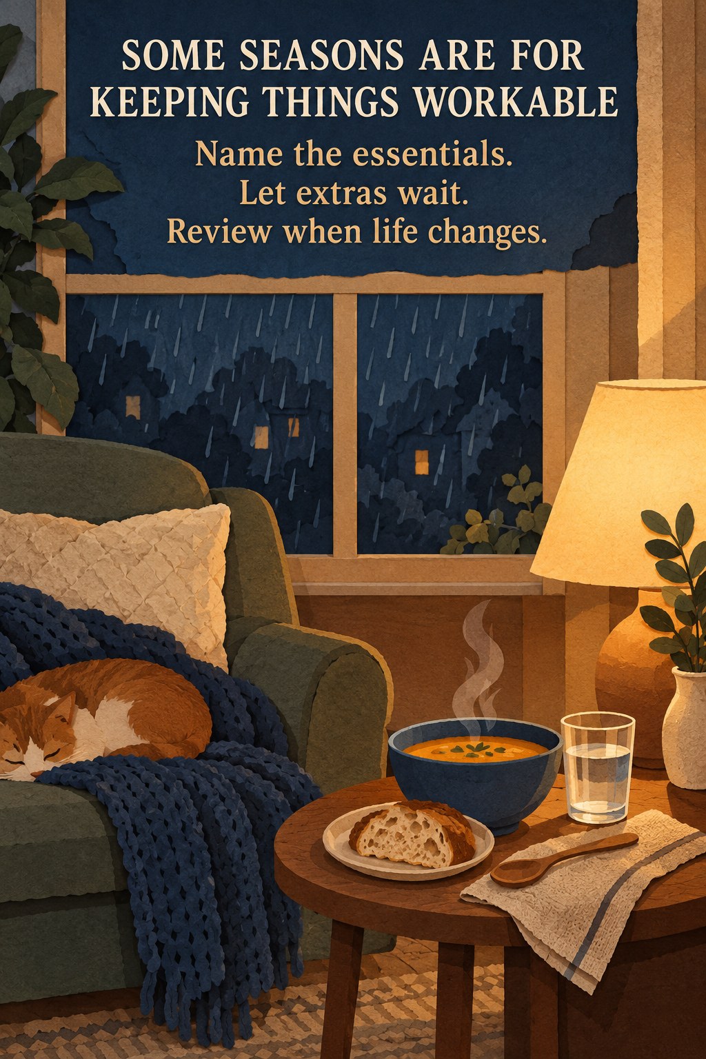 Cozy illustrated home in rainy weather with a lamp and simple supper beside a maintenance-focused message.
