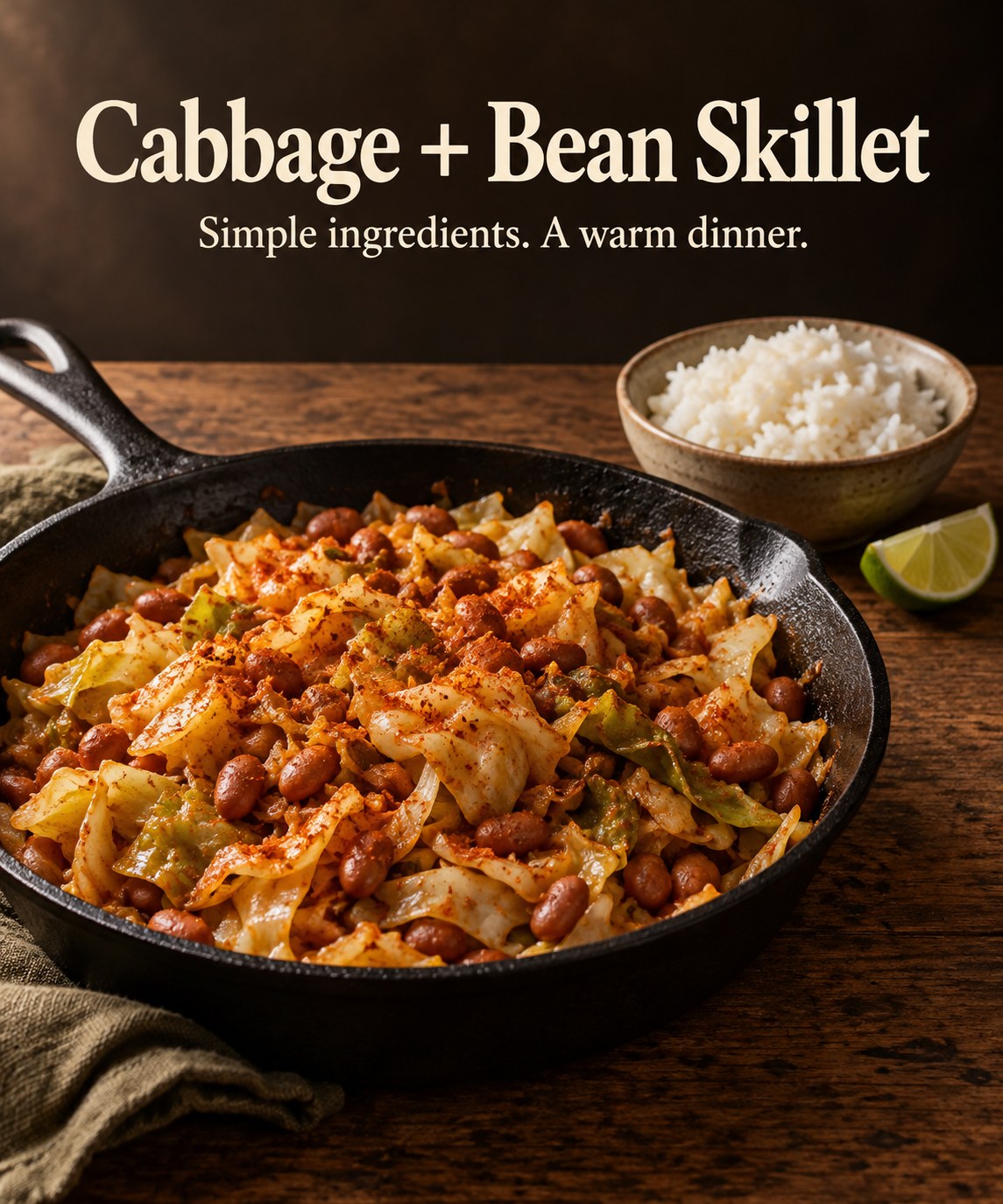 Cabbage and pinto bean skillet served with rice and a lime wedge.