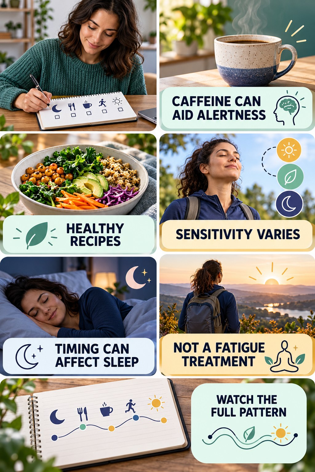 Caffeine Can Help Alertness but Not Fix Fatigue natural-energy and hormone-health-literacy infographic for Healthy Recipes with four practical checks.