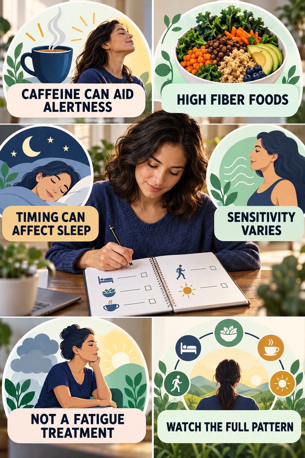 Caffeine Can Help Alertness but Not Fix Fatigue natural-energy and hormone-health-literacy infographic for High Fiber Foods with four practical checks.