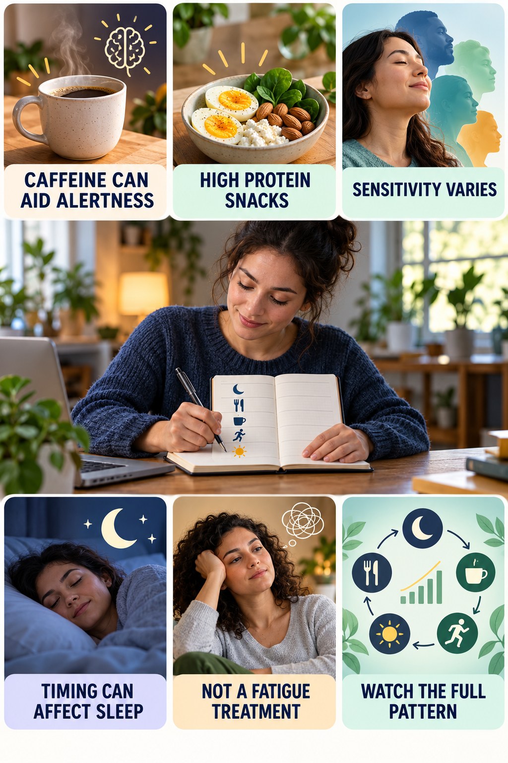 Caffeine Can Help Alertness but Not Fix Fatigue natural-energy and hormone-health-literacy infographic for High Protein Snacks with four practical checks.