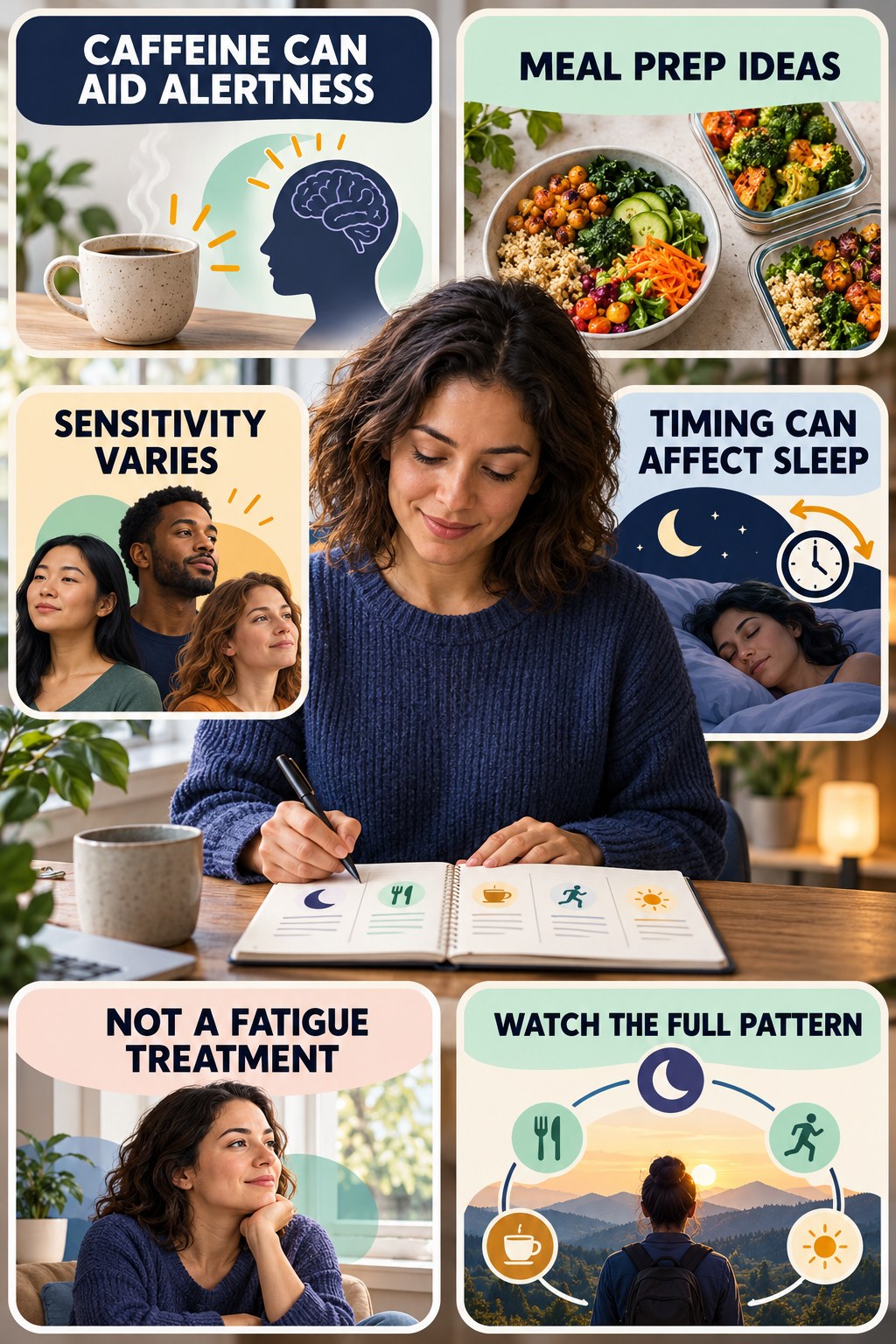 Caffeine Can Help Alertness but Not Fix Fatigue natural-energy and hormone-health-literacy infographic for Meal Prep Ideas with four practical checks.
