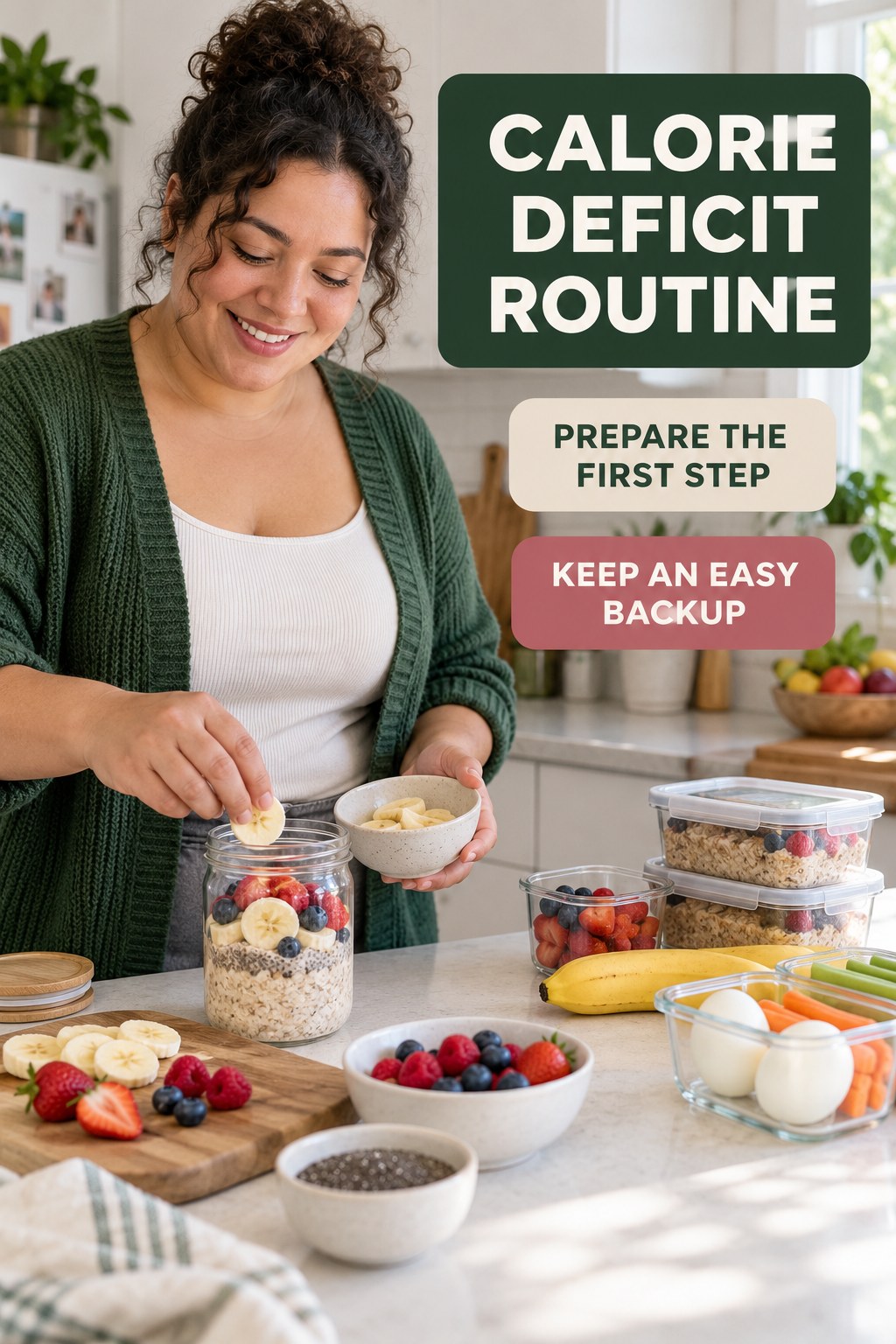 Calm Breakfast Setup for Calorie Deficit in a family kitchen counter, showing a practical, attainable routine with readable guidance.