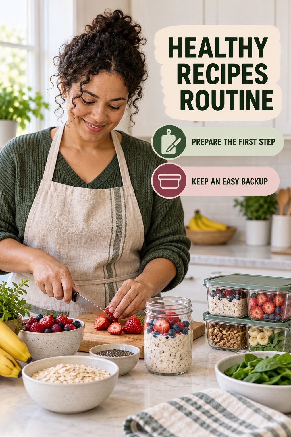 Calm Breakfast Setup for Healthy Recipes in a family kitchen counter, showing a practical, attainable routine with readable guidance.