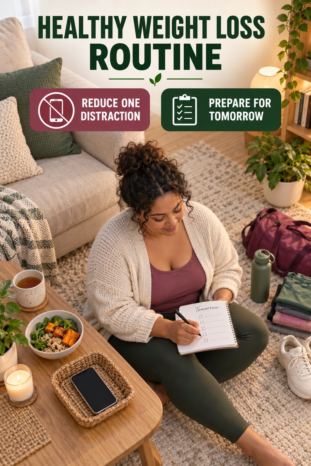 Calm Evening Reset for Healthy Weight Loss in a calm living room in evening light, showing a practical, attainable routine with readable guidance.