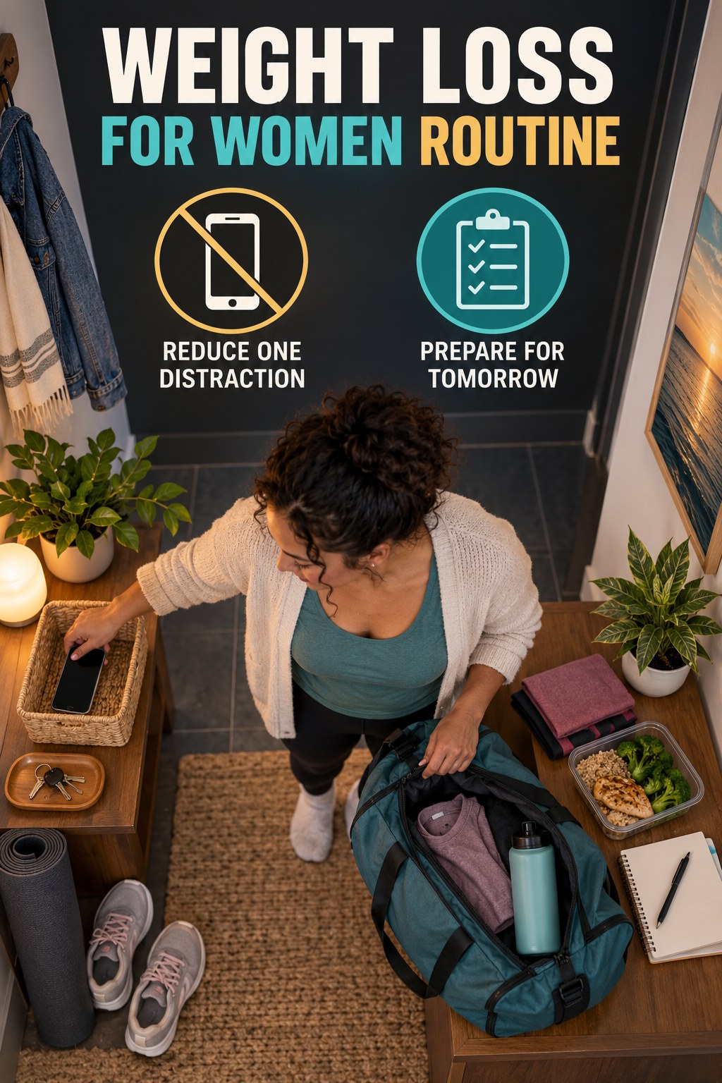 Calm Evening Reset for Weight Loss for Women in a compact entryway habit station, showing a practical, attainable routine with readable guidance.