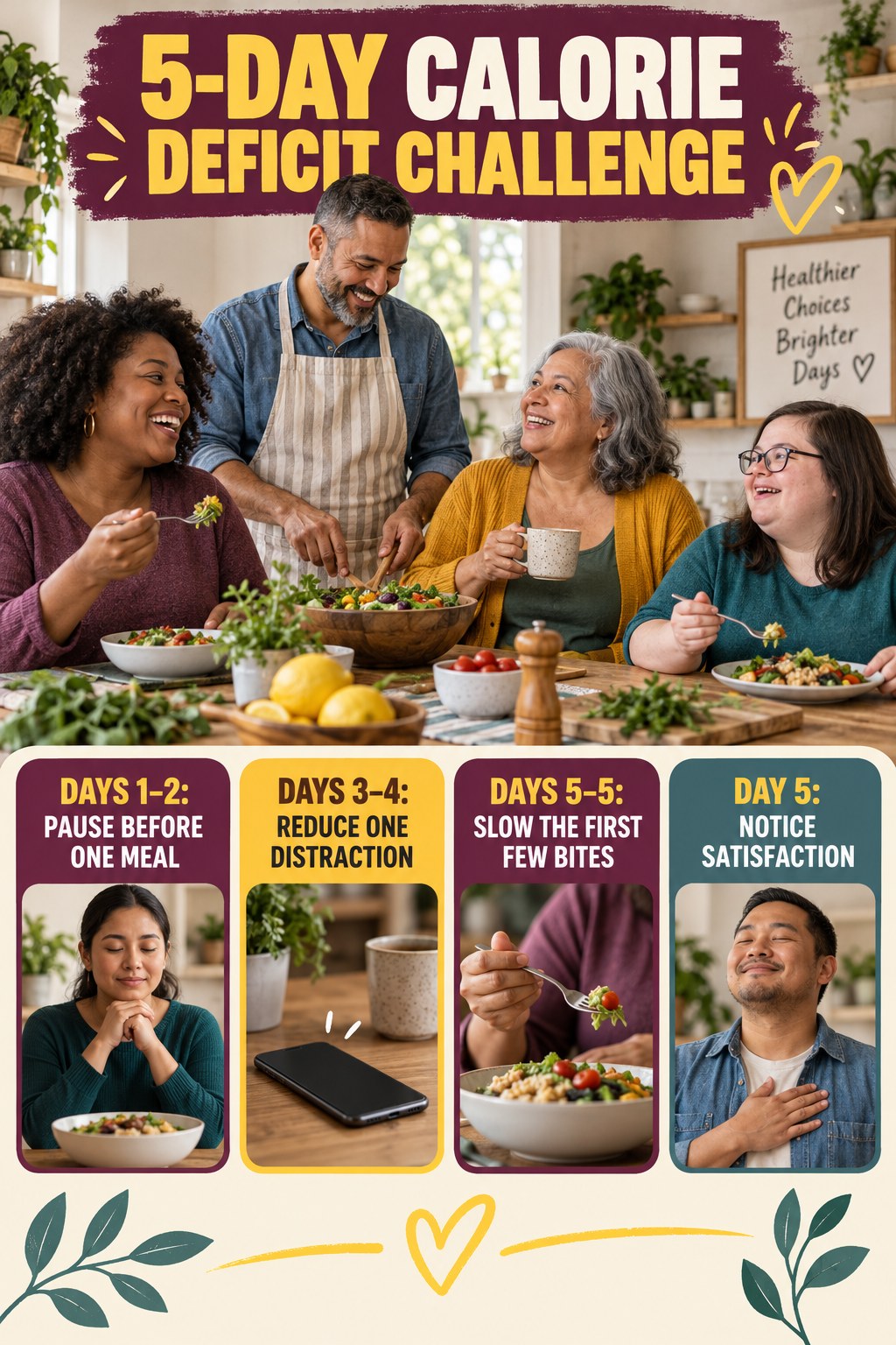 5-day Calorie Deficit challenge graphic showing four manageable milestones for consistent practice.