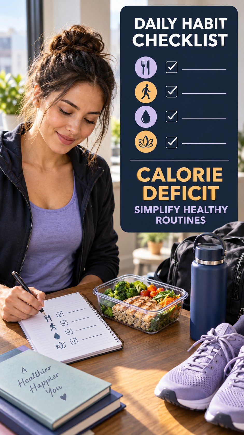 Busy-Day Wellness Plan infographic for Calorie Deficit, showing practical metabolism-support habits for an active lifestyle.