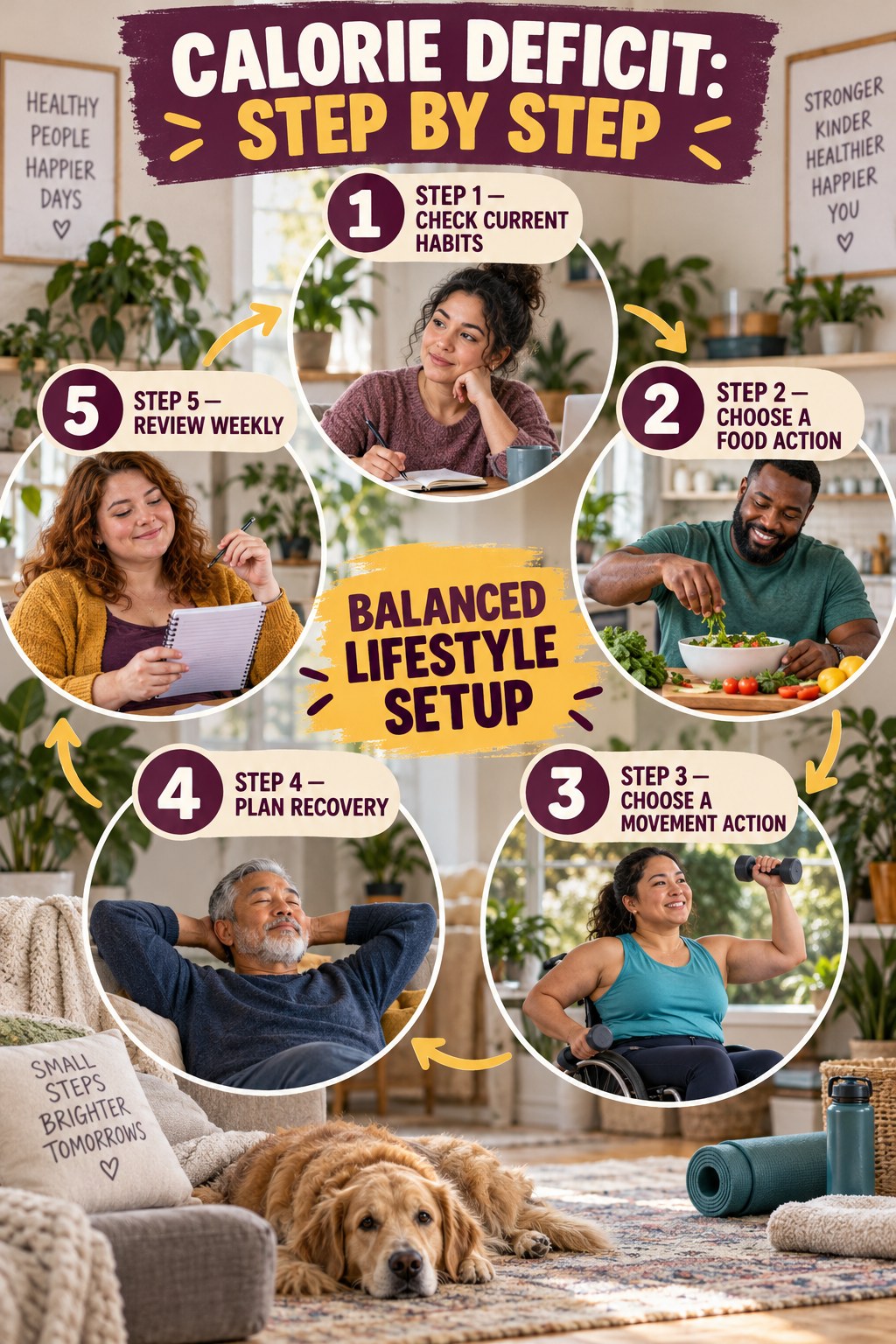 Calorie Deficit step-by-step graphic showing five numbered stages for balanced lifestyle setup.
