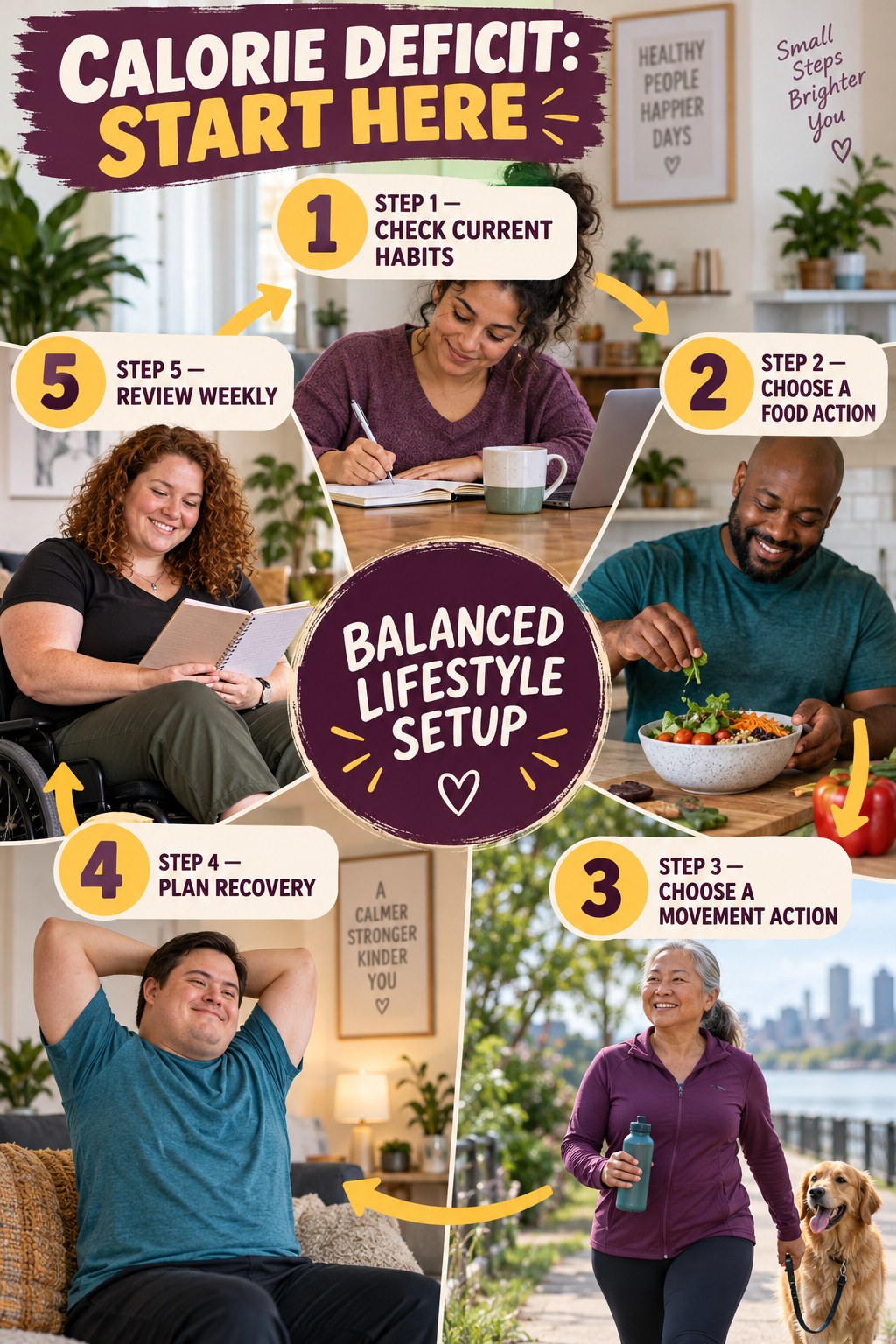 Calorie Deficit beginner guide graphic showing five manageable stages for balanced lifestyle setup.