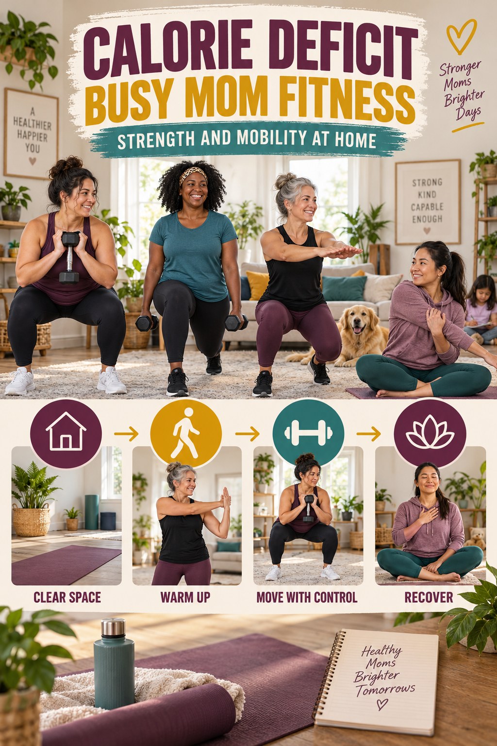 Calorie Deficit busy-mom fitness graphic titled Strength and Mobility at Home with four practical movement prompts.