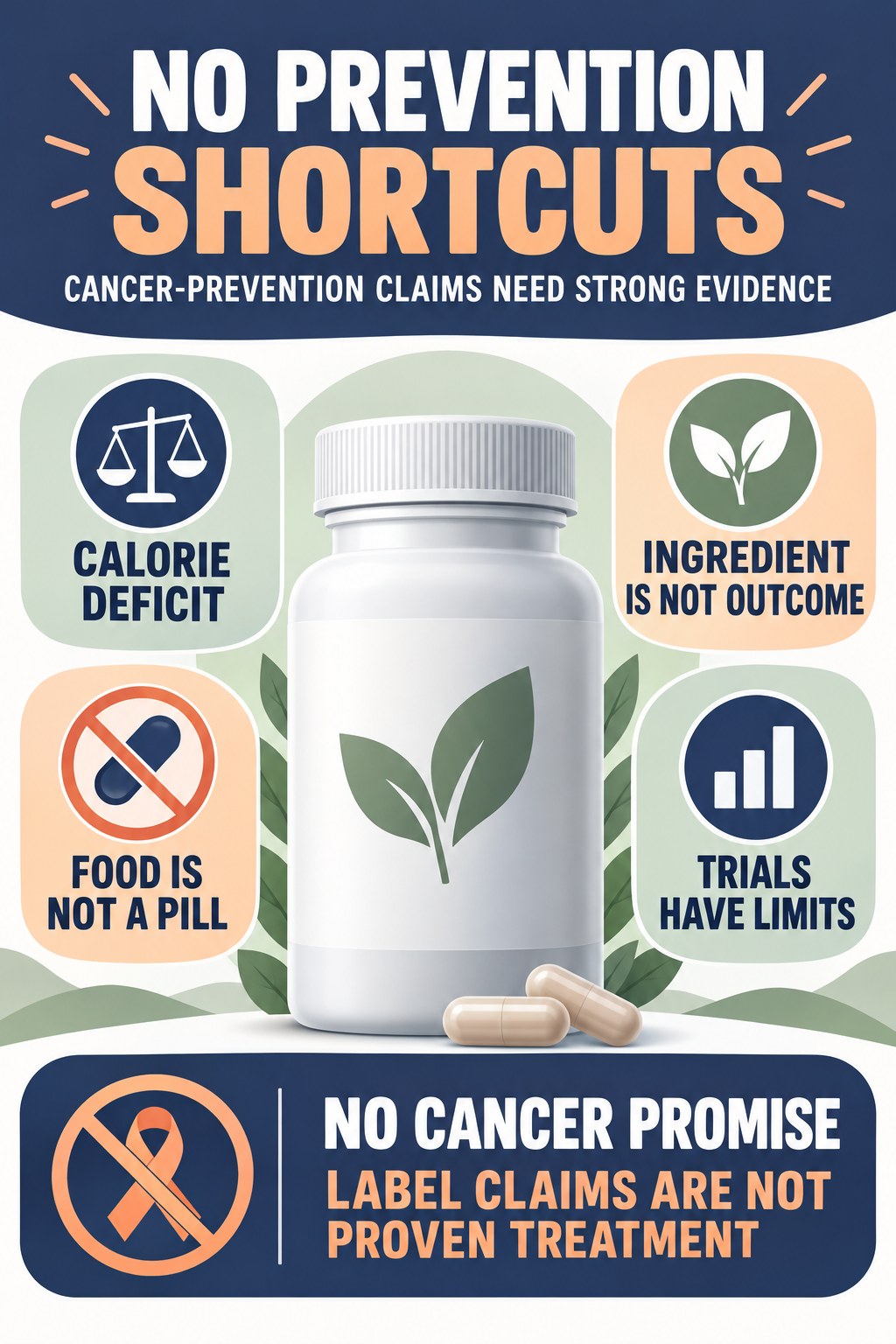 Cancer-Prevention Claims Need Strong Evidence prostate supplement label-literacy infographic for Calorie Deficit with four careful reading points.