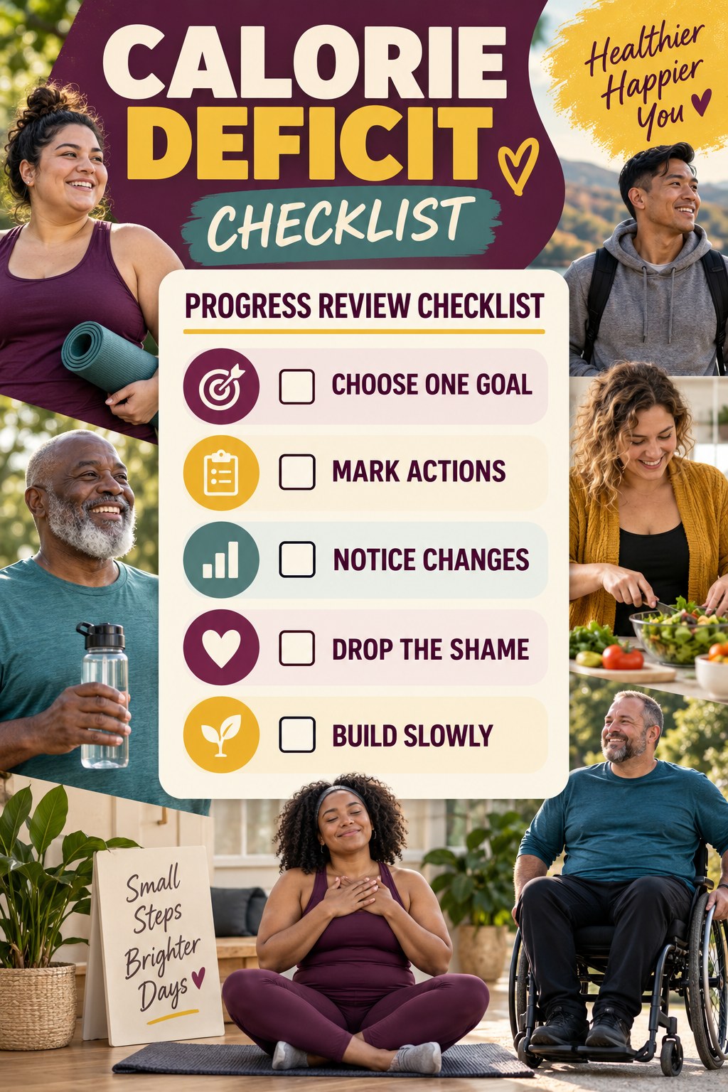 Calorie Deficit checklist graphic titled Progress Review Checklist with five clear practical wellness items.