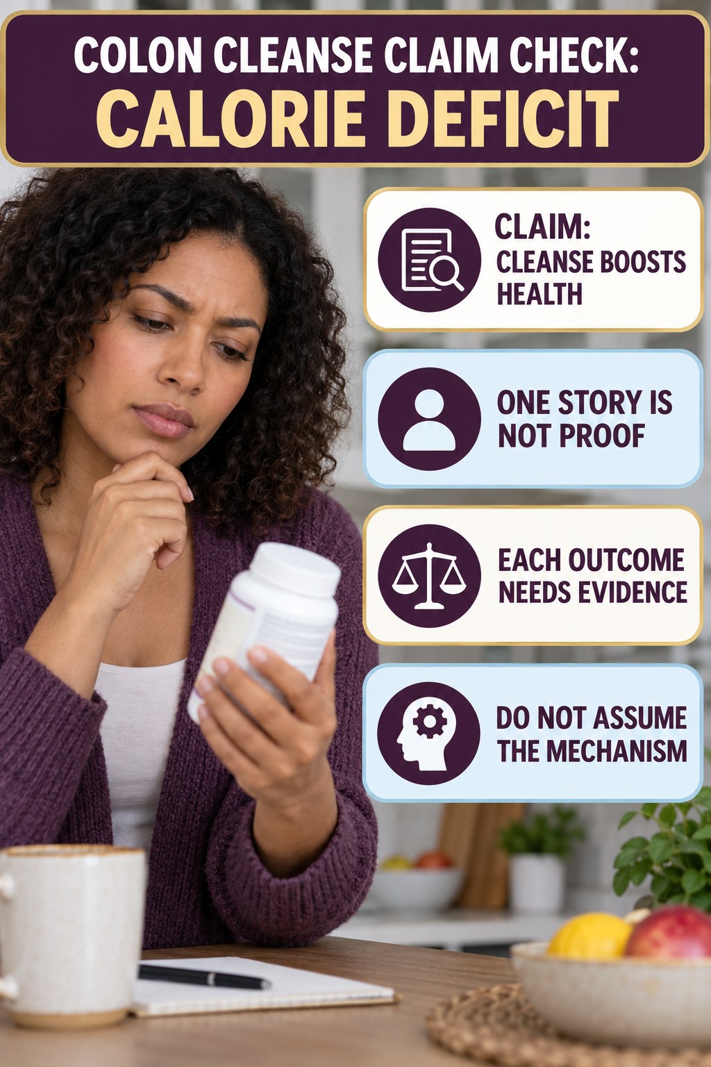 Skin, Energy, and Immunity Claims infographic for Calorie Deficit, separating a colon-cleanse marketing claim from evidence, reasonable conclusions, and safety context.