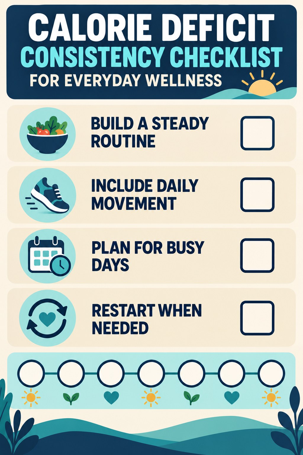 Calorie Deficit Consistency Checklist for Everyday Wellness infographic with checkboxes for build a steady routine, include daily movement, plan for busy days, restart when needed.