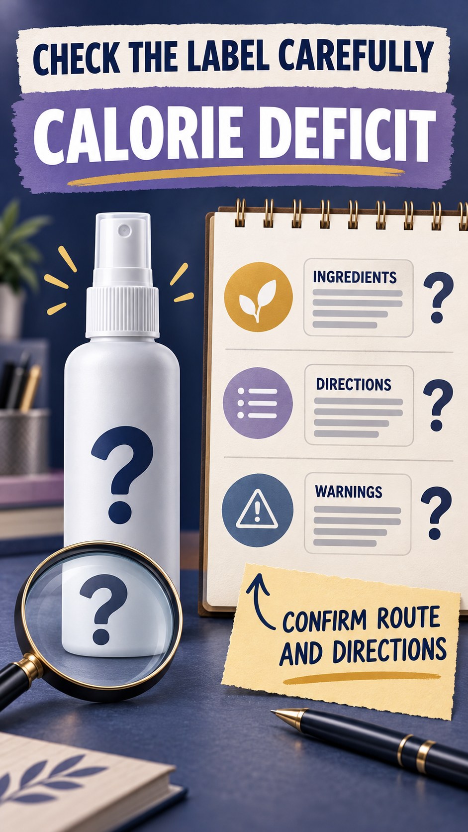 Directions and Route Review infographic for Calorie Deficit, showing a generic spray-label checklist that separates available facts, missing details, and evidence questions.