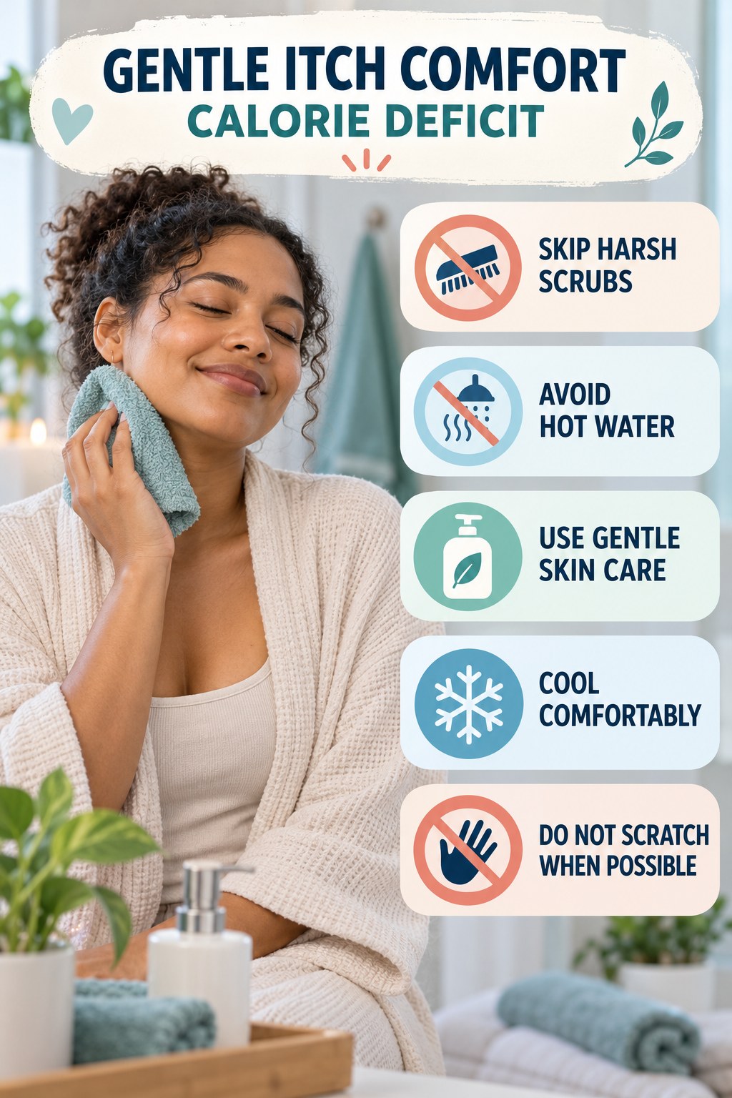 Do Less Irritating, More Soothing infographic for Calorie Deficit with five gentle itchy-skin comfort strategies and a non-diagnostic safety focus.