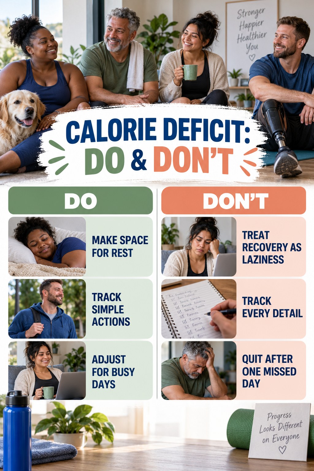 Calorie Deficit Do and Don’t comparison graphic showing three practical behavior pairs for evening routine.