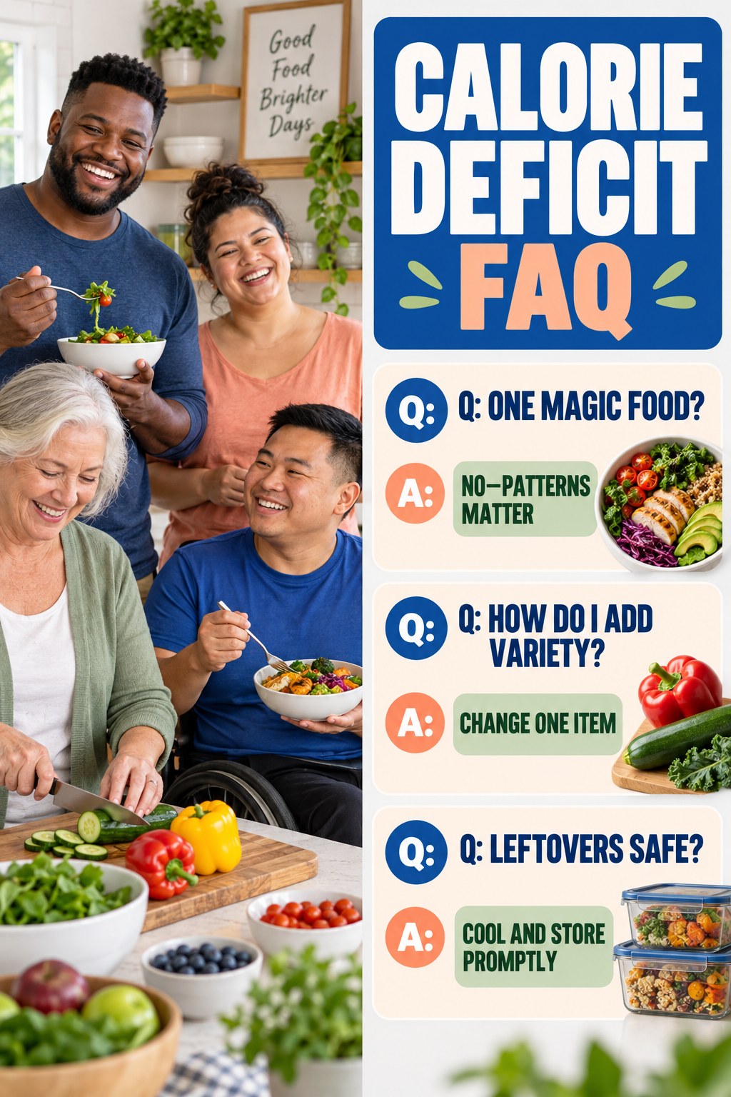 Calorie Deficit FAQ graphic with three concise questions and practical answers for beginners.