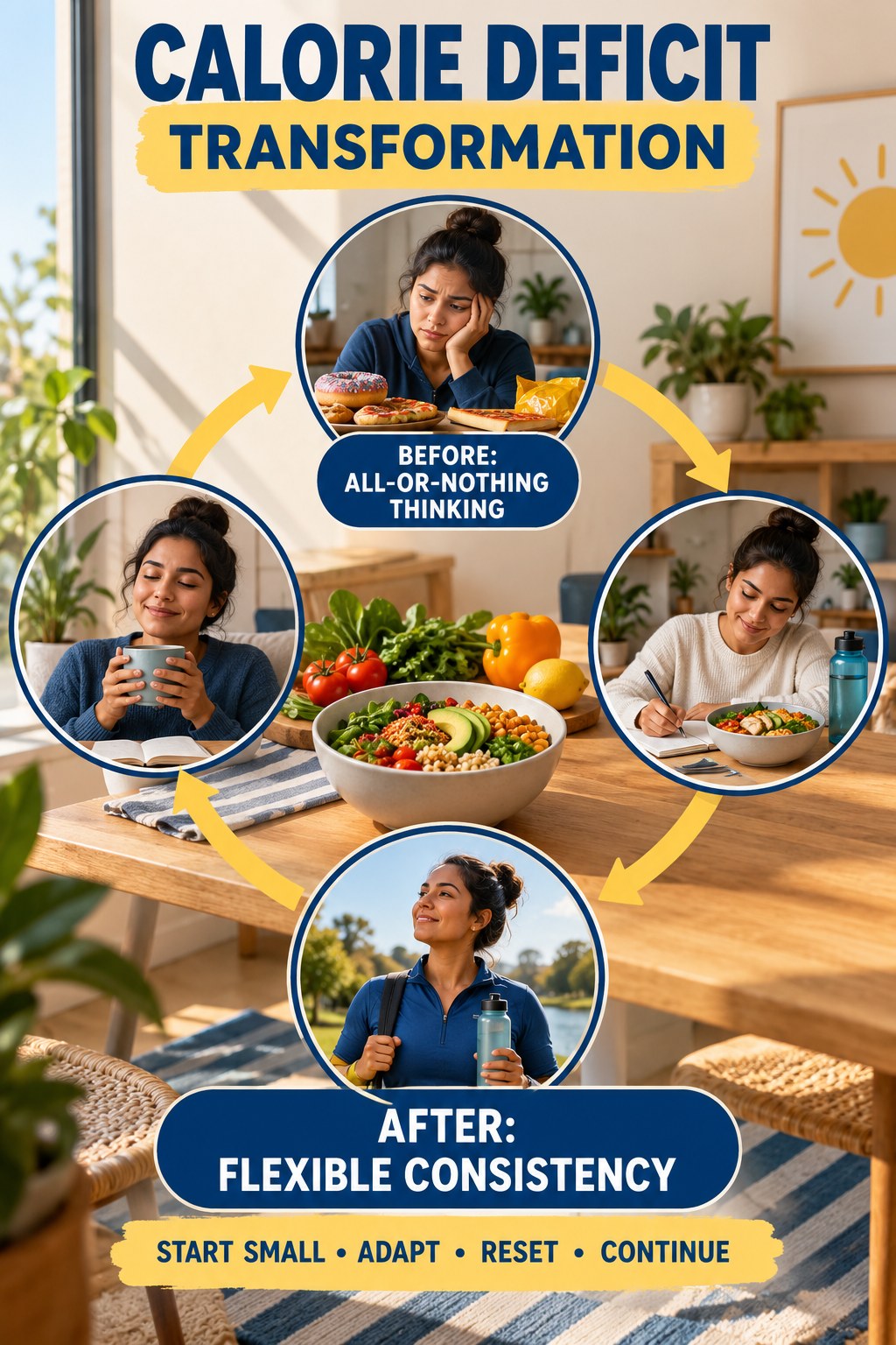 Calorie Deficit habit transformation graphic comparing all-or-nothing thinking with flexible consistency using four practical steps.