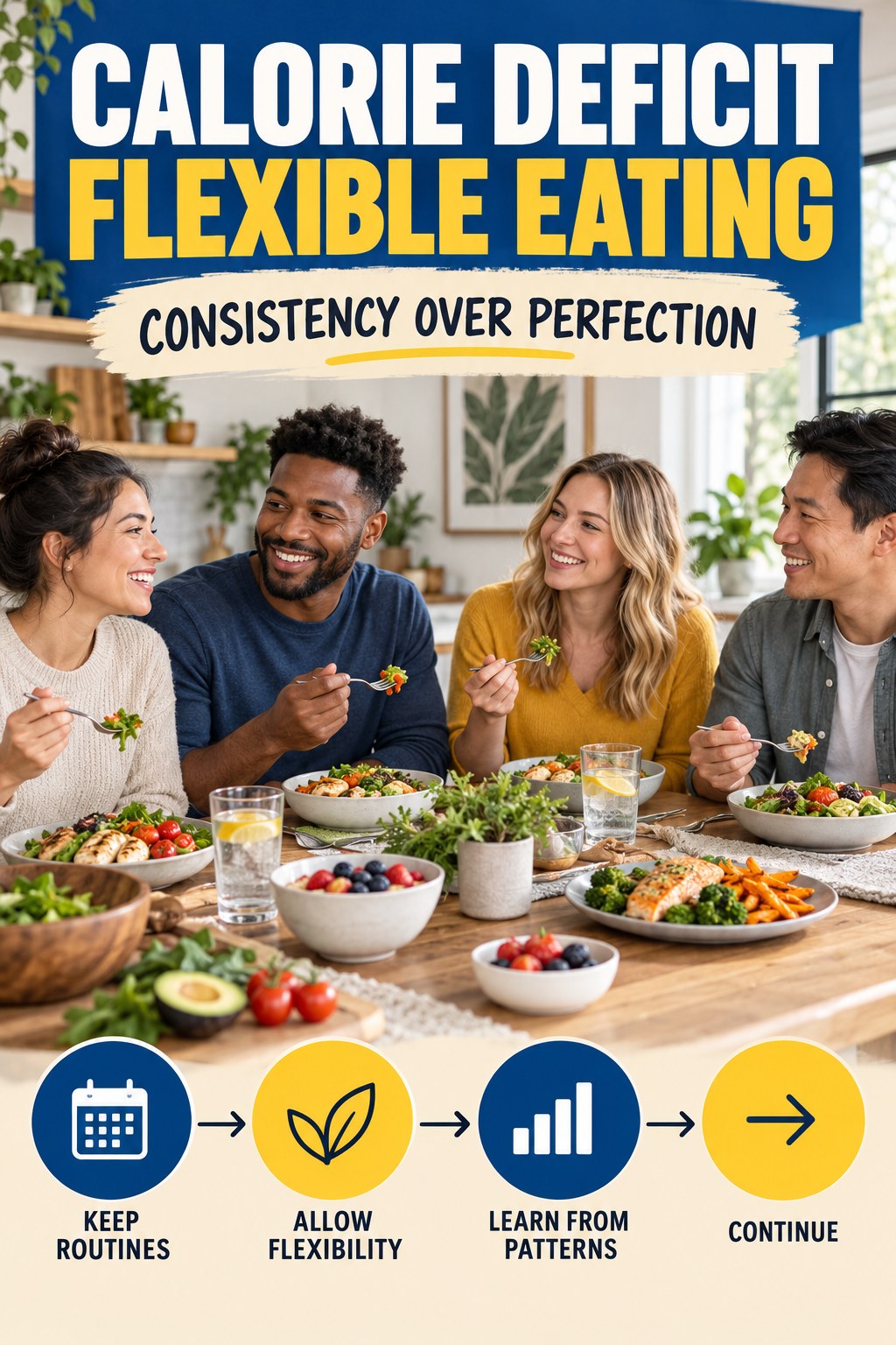 Calorie Deficit flexible eating graphic titled Consistency Over Perfection with four practical balance prompts.