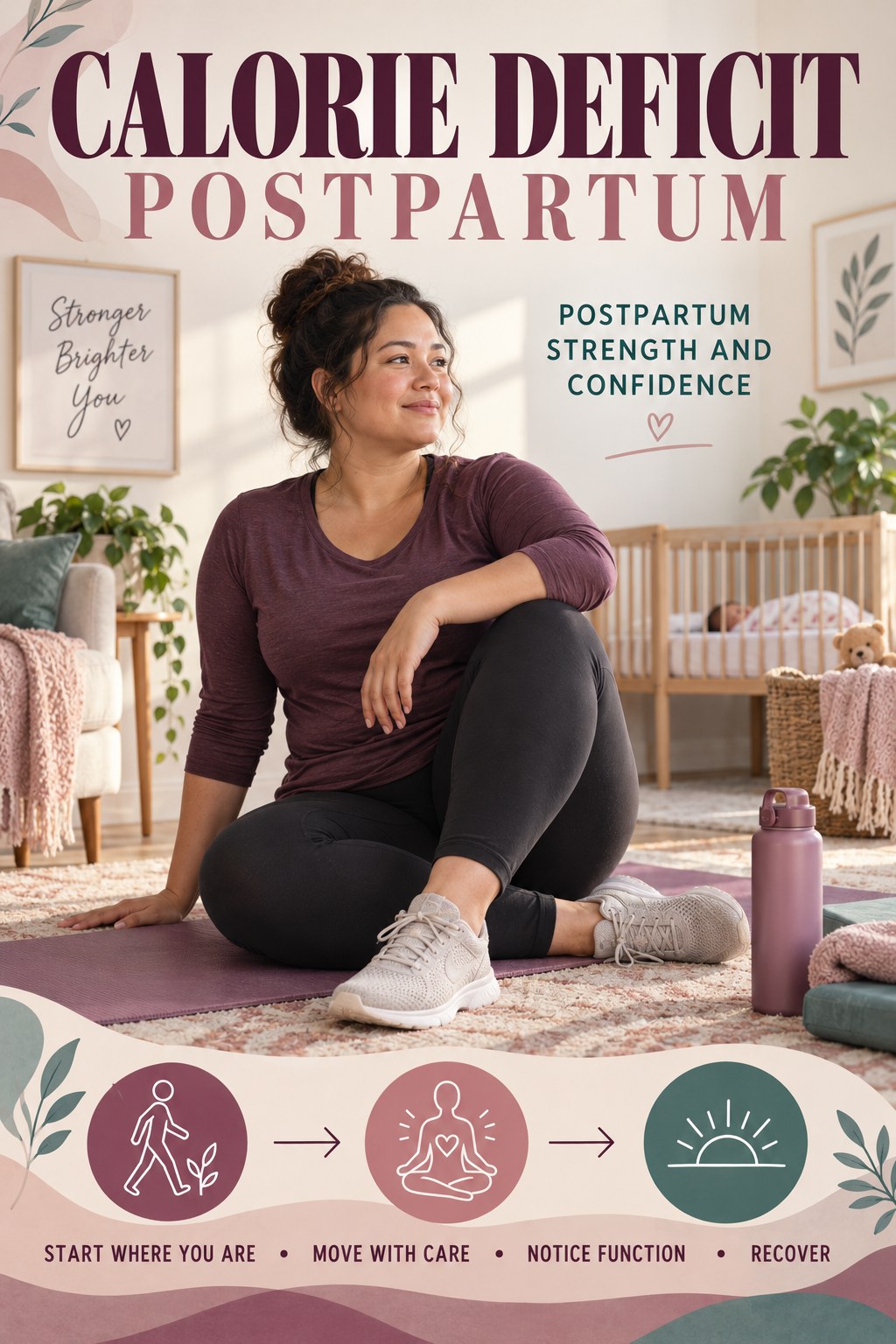 Calorie Deficit postpartum graphic titled Postpartum Strength and Confidence with four gradual recovery-aware prompts.