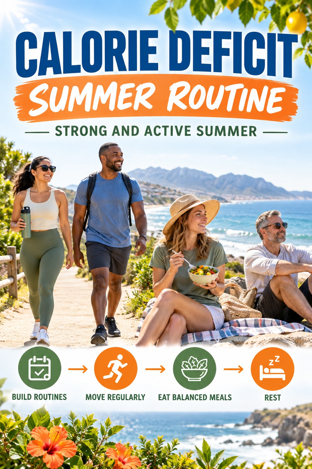 Calorie Deficit summer routine graphic titled Strong and Active Summer with four practical wellness prompts.