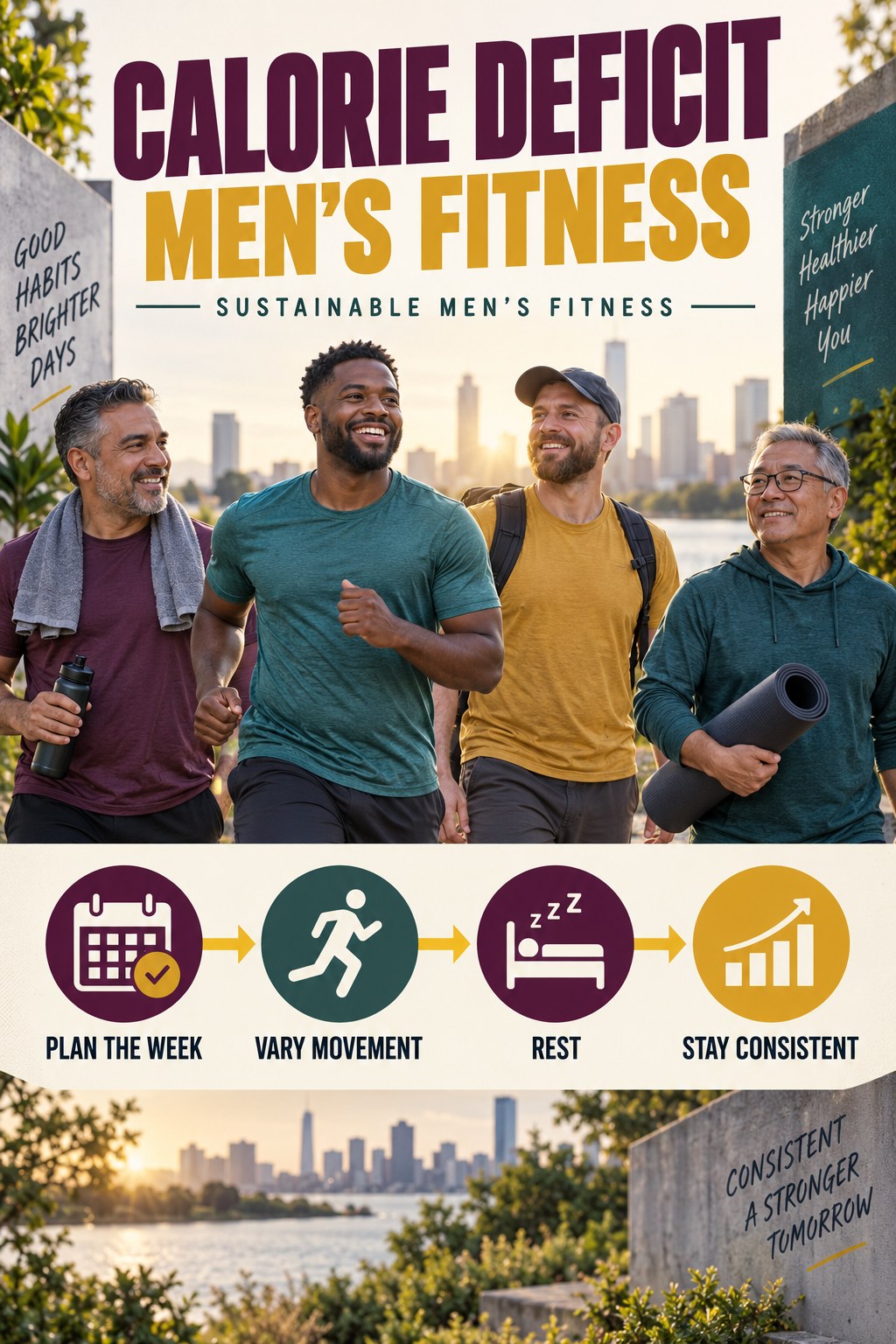 Calorie Deficit men’s fitness graphic titled Sustainable Men’s Fitness with four practical training prompts.