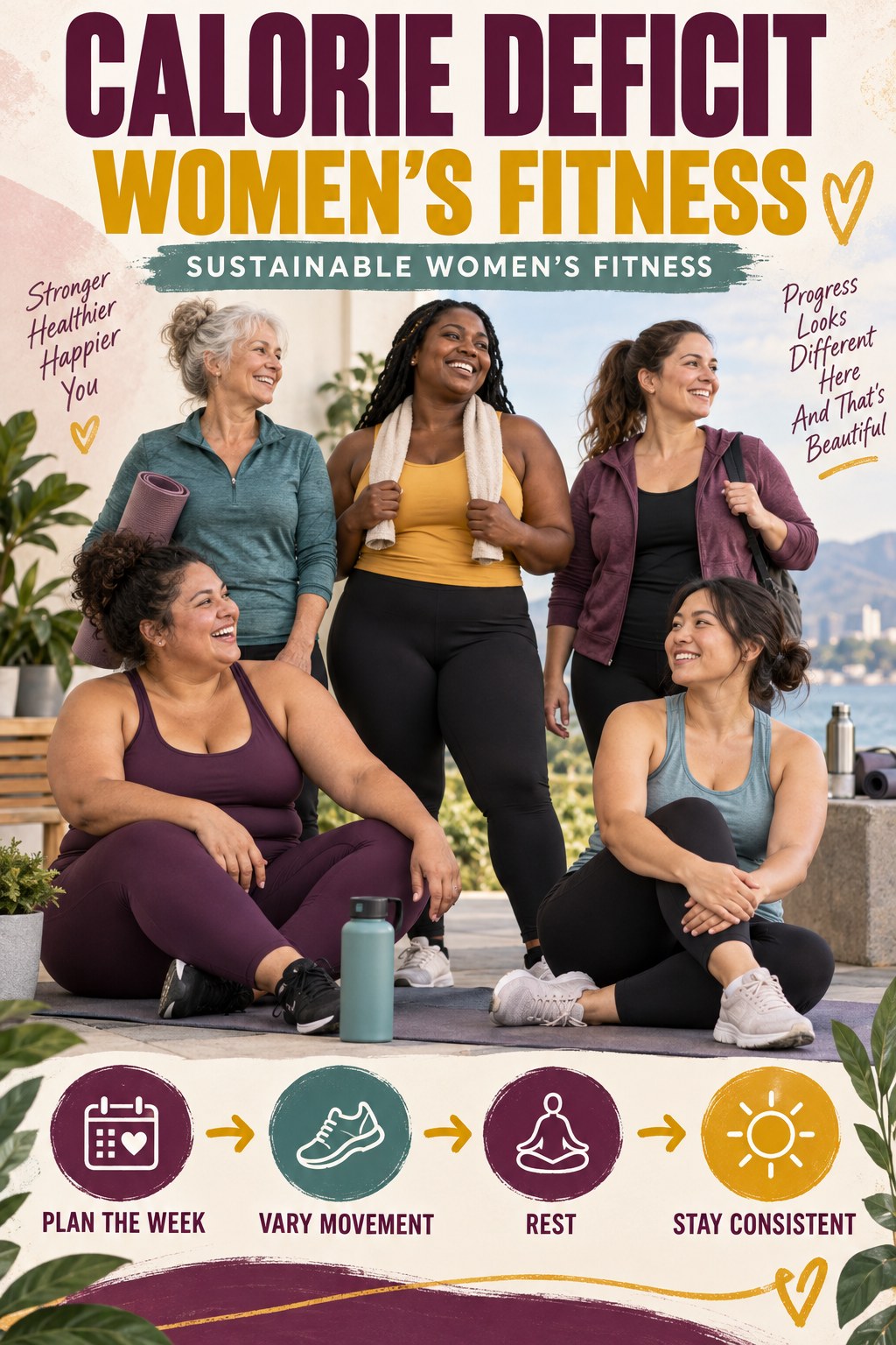 Calorie Deficit women’s fitness graphic titled Sustainable Women’s Fitness with four practical training prompts.