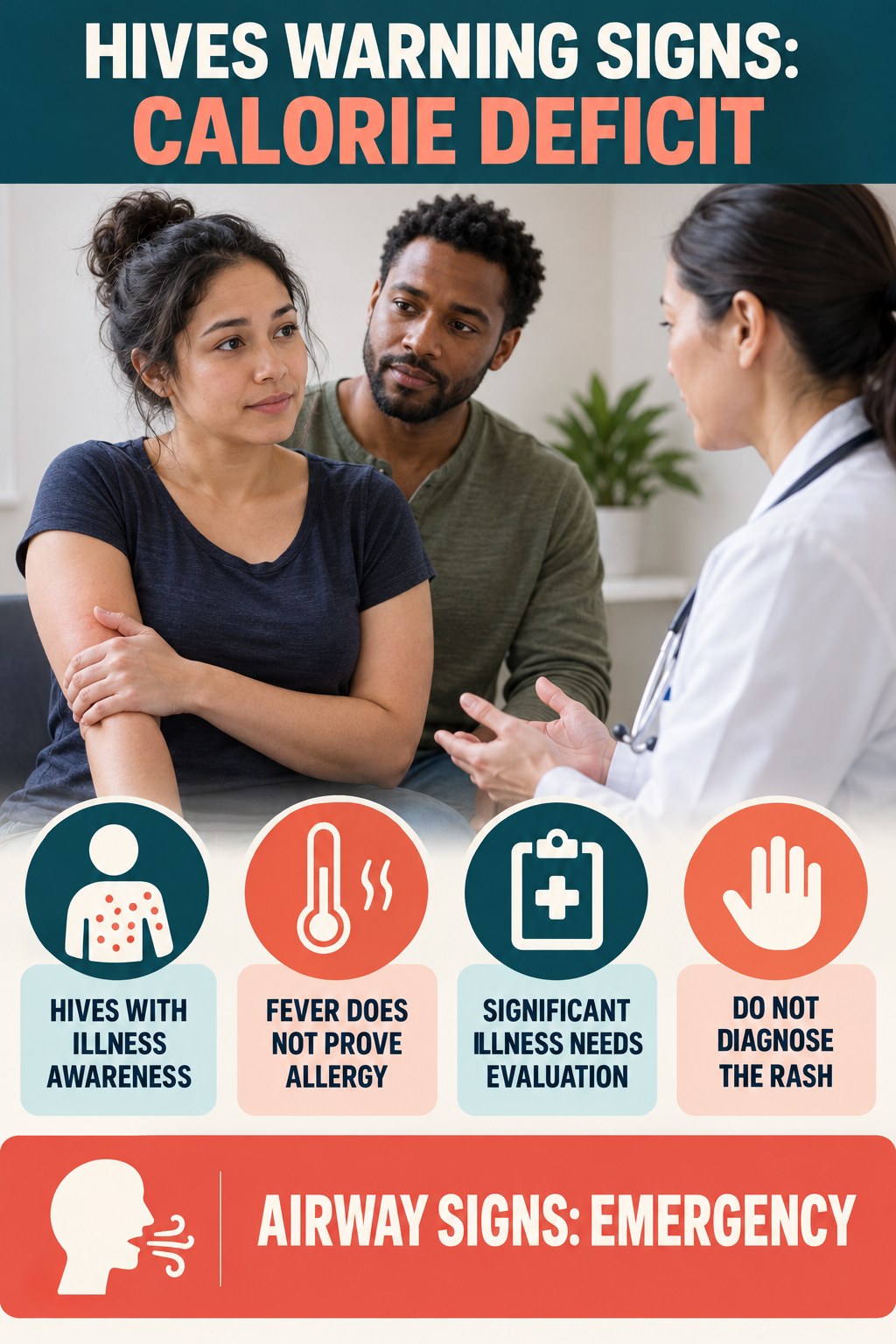 Hives with Illness Awareness infographic for Calorie Deficit, highlighting urgent breathing, throat, swelling, fainting, and rapid-progression warning signs without diagnosing hives.
