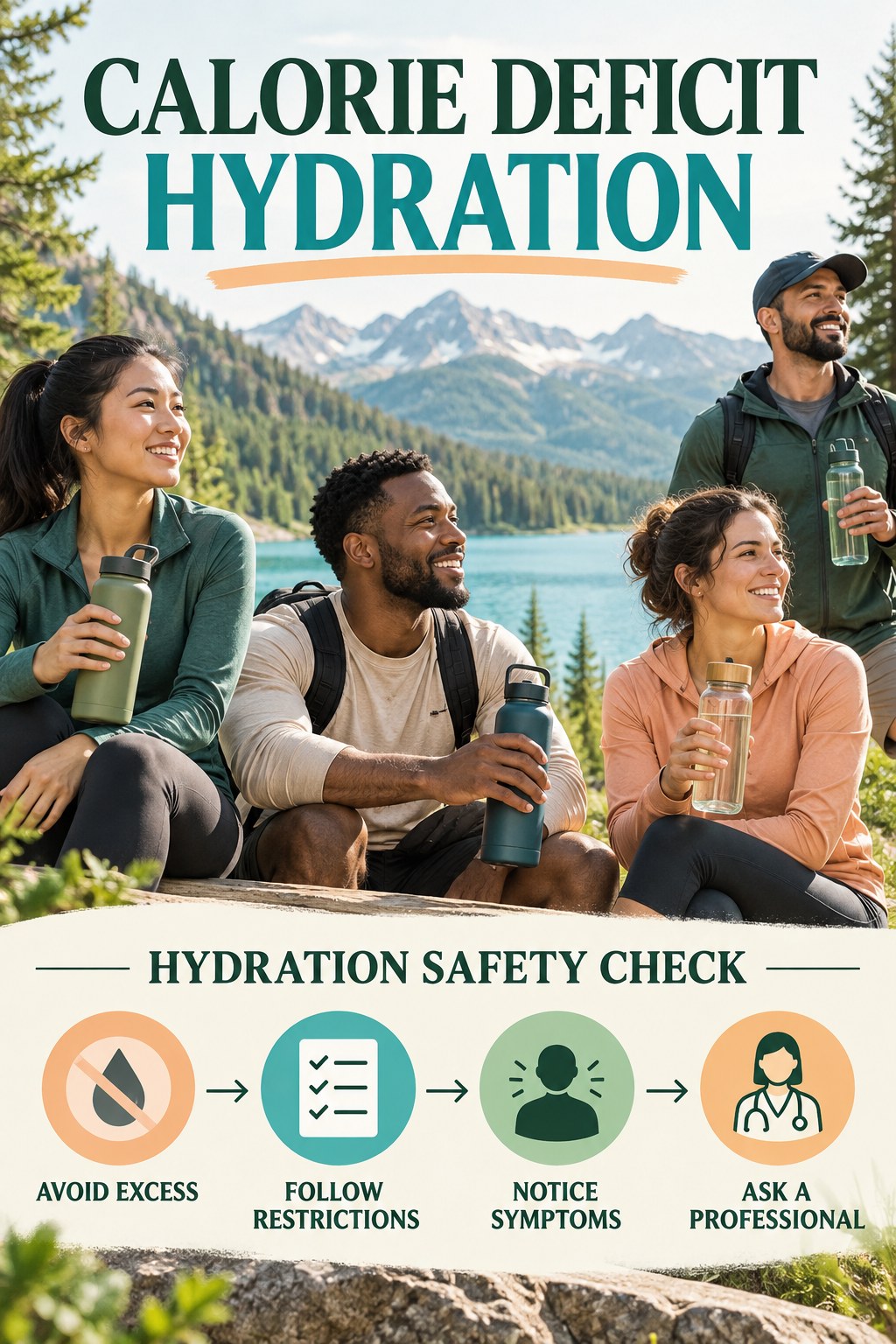 Calorie Deficit hydration graphic titled Hydration Safety Check with four flexible water-habit prompts and no fixed intake target.