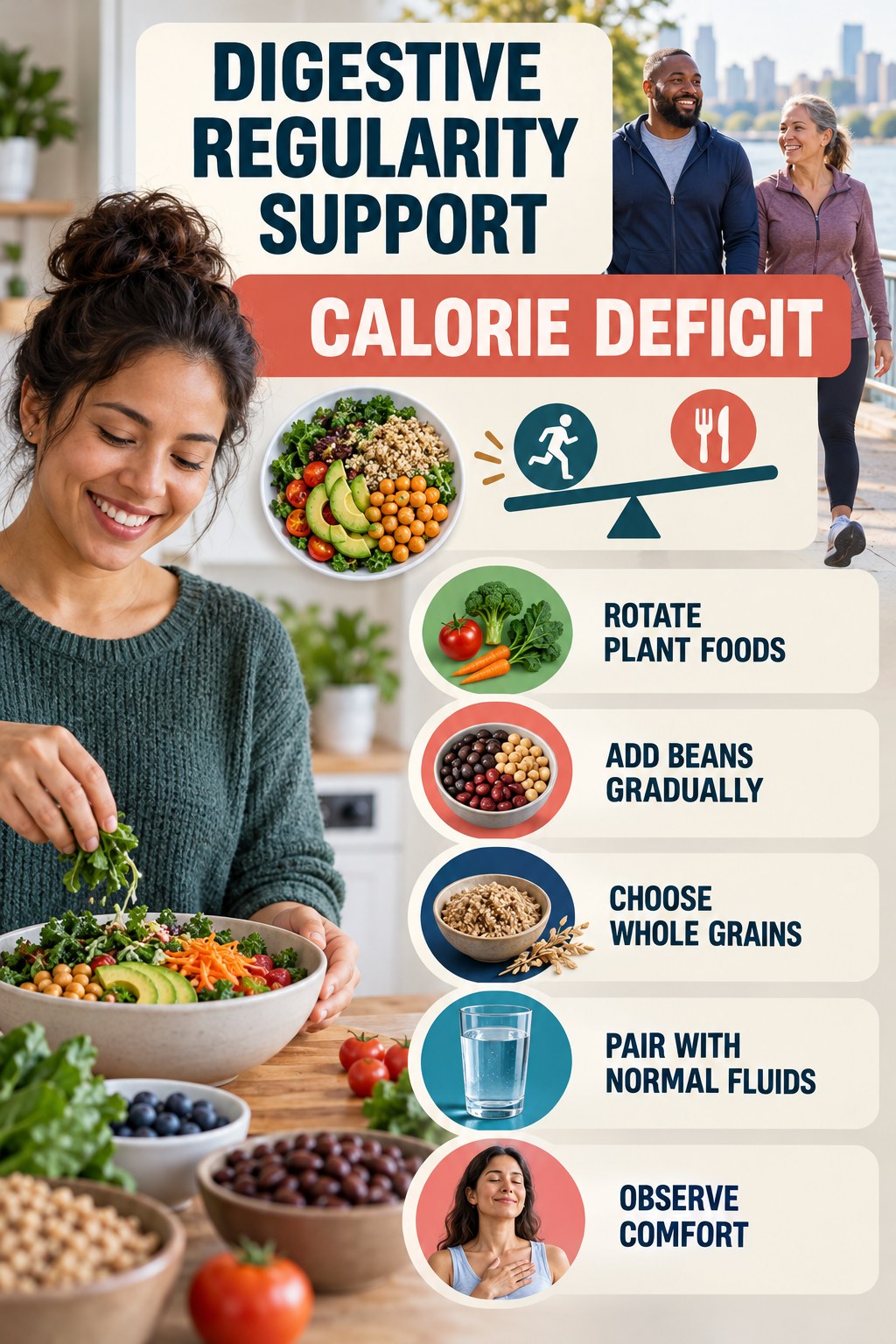 Meal Prep for Fiber Variety infographic for Calorie Deficit with five practical food, hydration, movement, or routine actions and no cleanse claims.