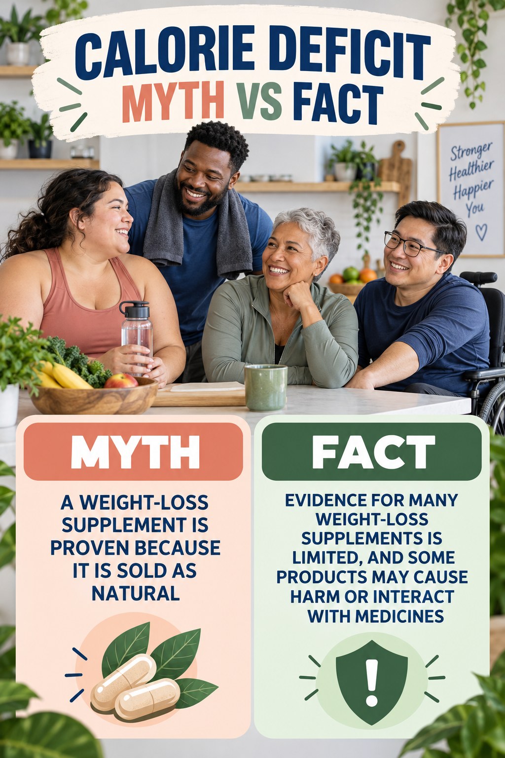 Calorie Deficit Myth vs Fact graphic correcting the misconception about weight-loss supplements.