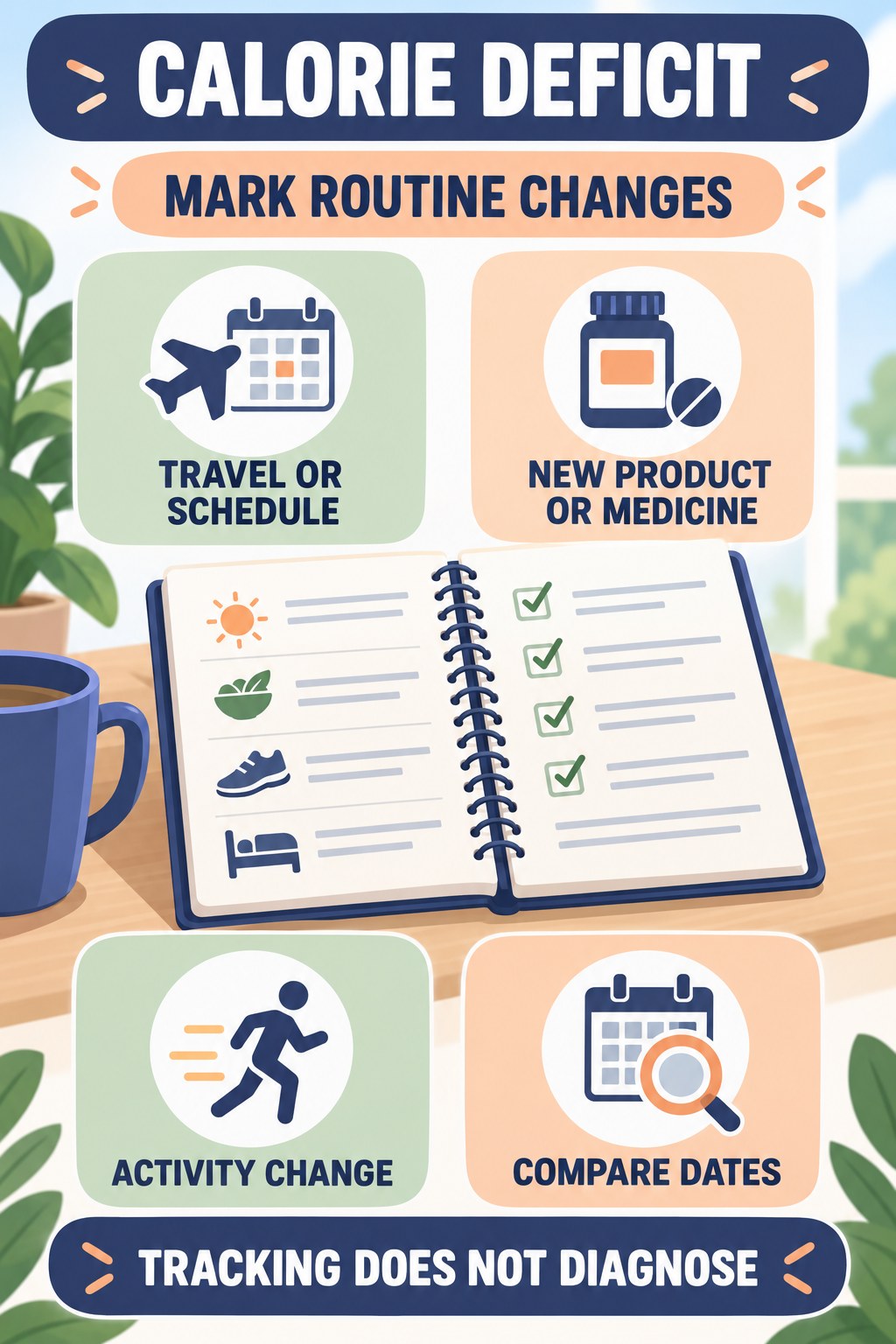 Notice Changes After a Routine Shift urinary symptom tracking infographic for Calorie Deficit with four practical diary points and a non-diagnostic reminder.