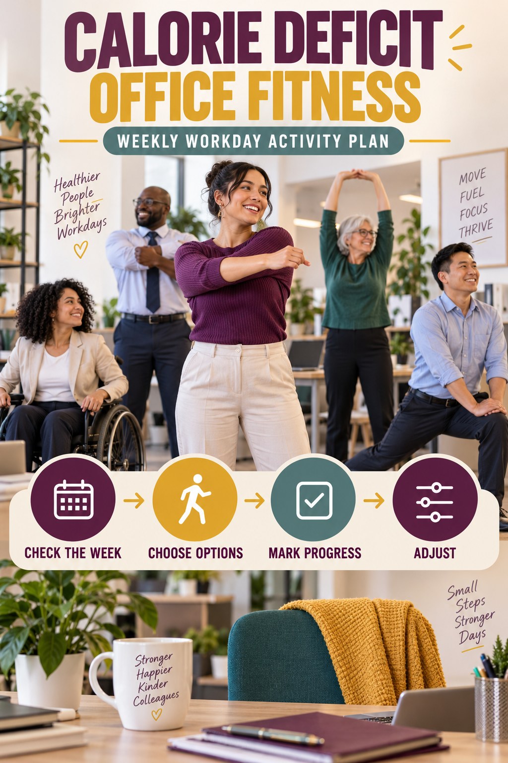 Calorie Deficit office-fitness graphic titled Weekly Workday Activity Plan with four practical workday movement prompts.